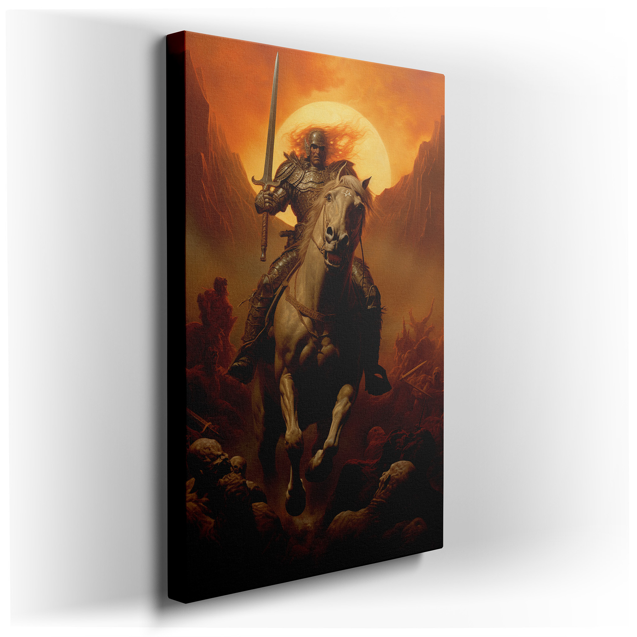 "Heroism Amidst Flames - A Knight's Valor and Battle's Fury" - Large Canvas Wall Art for Office and Bedroom Decor