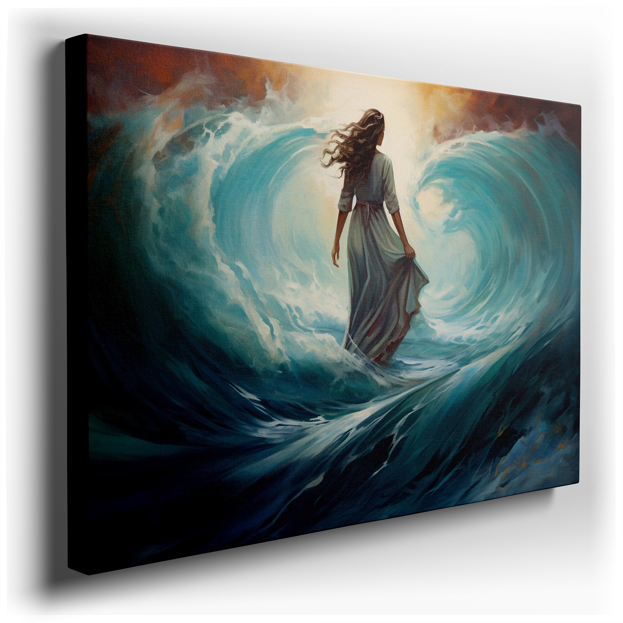 Human Resilience Amidst Nature's Grandeur - A Timeless Dance of Waves and Will. Large Canvas Wall Art for Office and