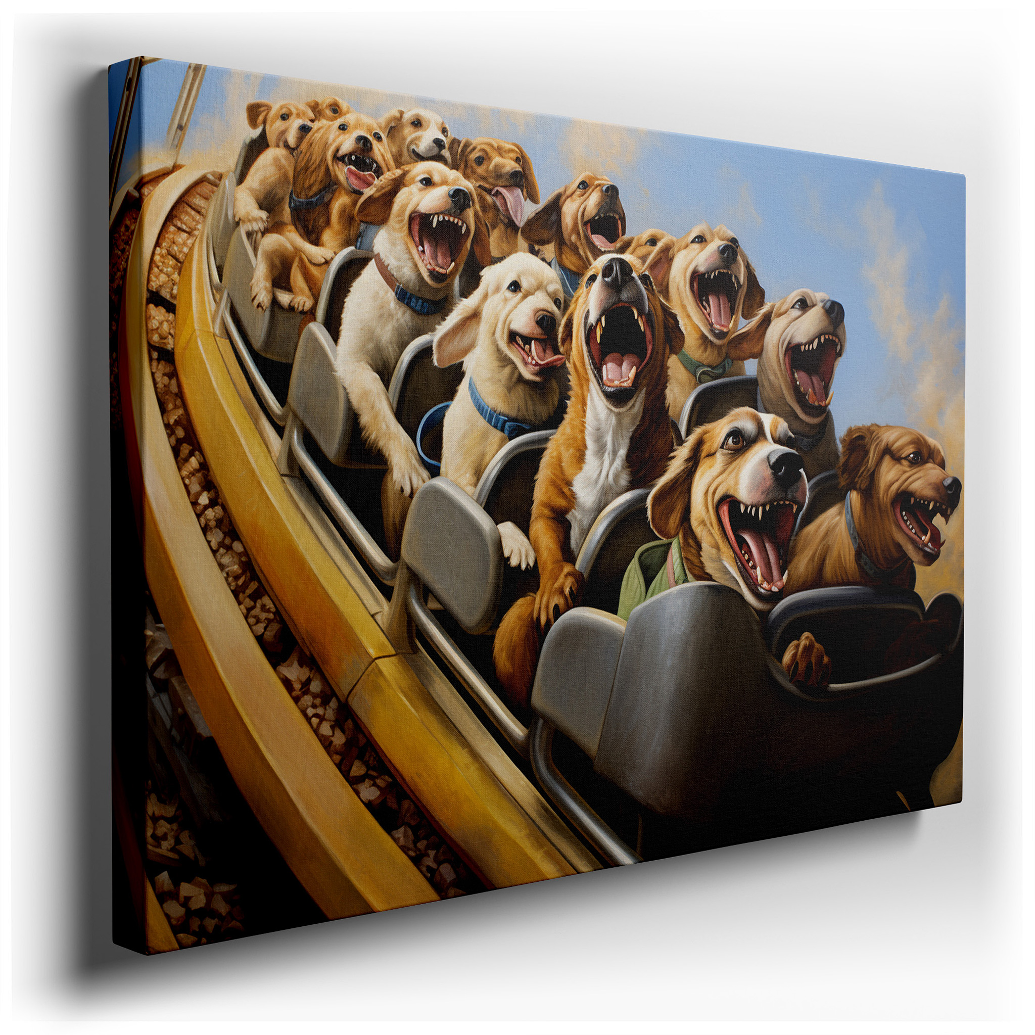 Joyful Dogs on a Roller Coaster - Celebrating Friendship and Happiness, Large Canvas Wall Art for Home and Office Decor