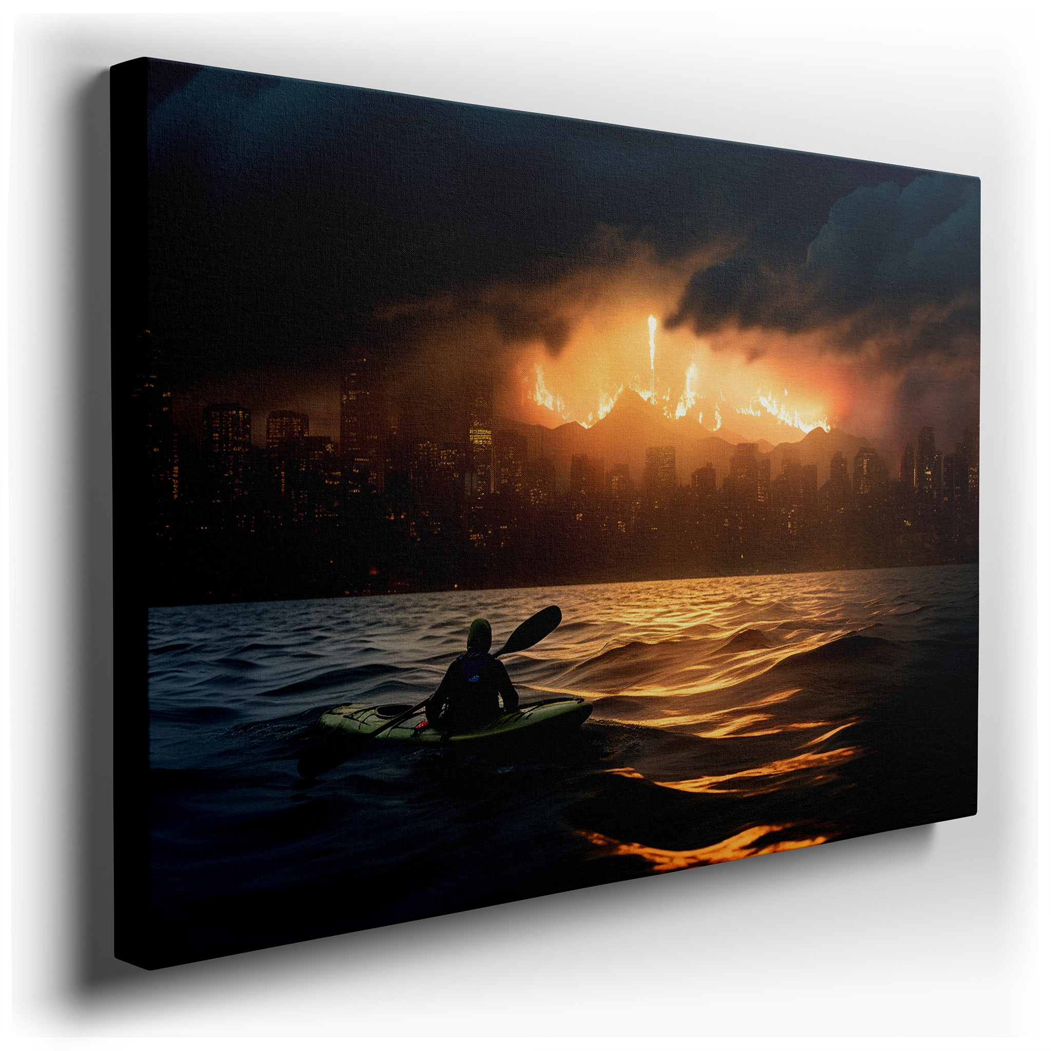 "Kayaker's Calm in the Storm - City Ablaze" - Where Nature's Tranquility Clashes with Urban Chaos, Large Canvas Wall