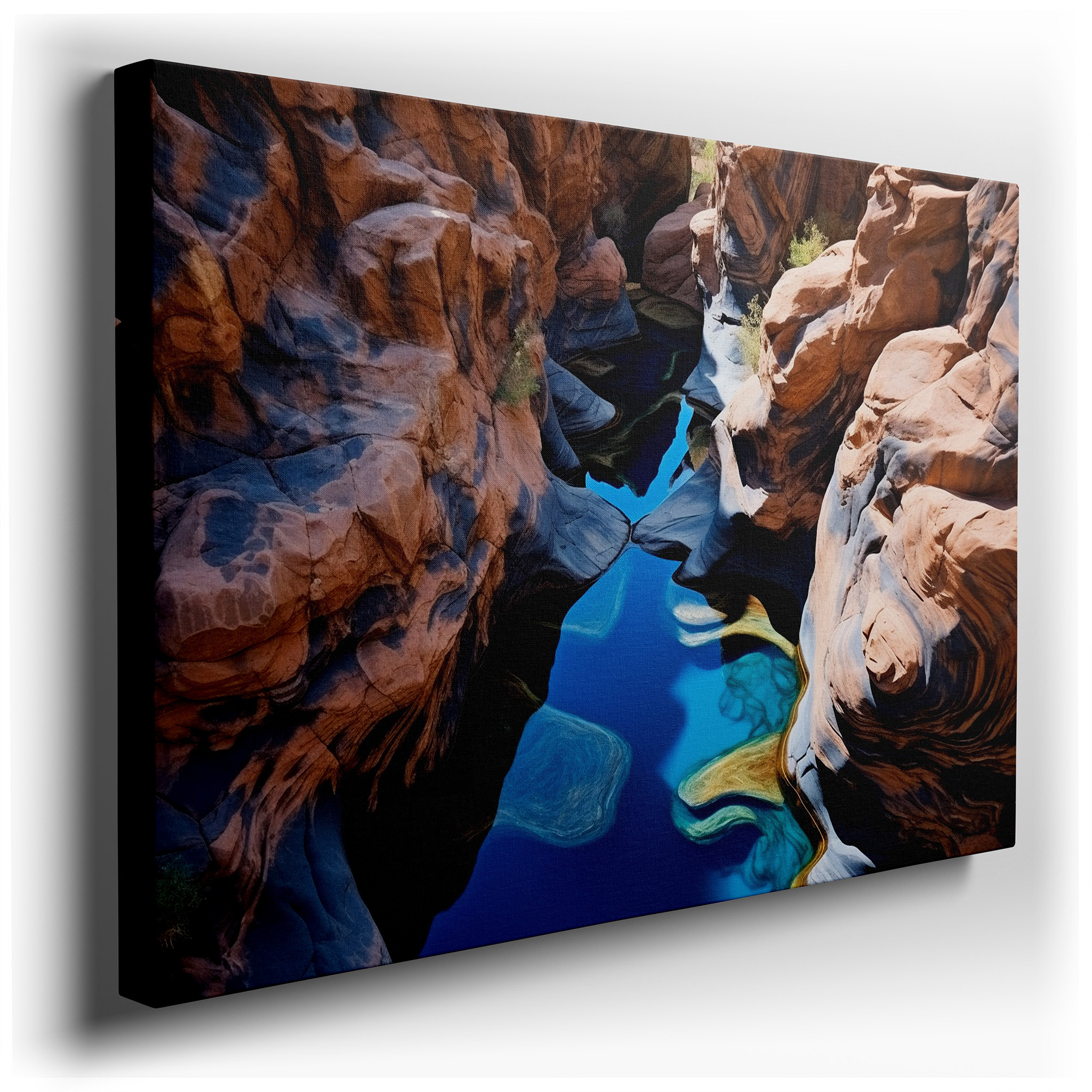 Large Canvas Featuring the Serene Majesty of a Meandering Canyon with Vibrant Reflections in Tranquil Waters, Ideal for
