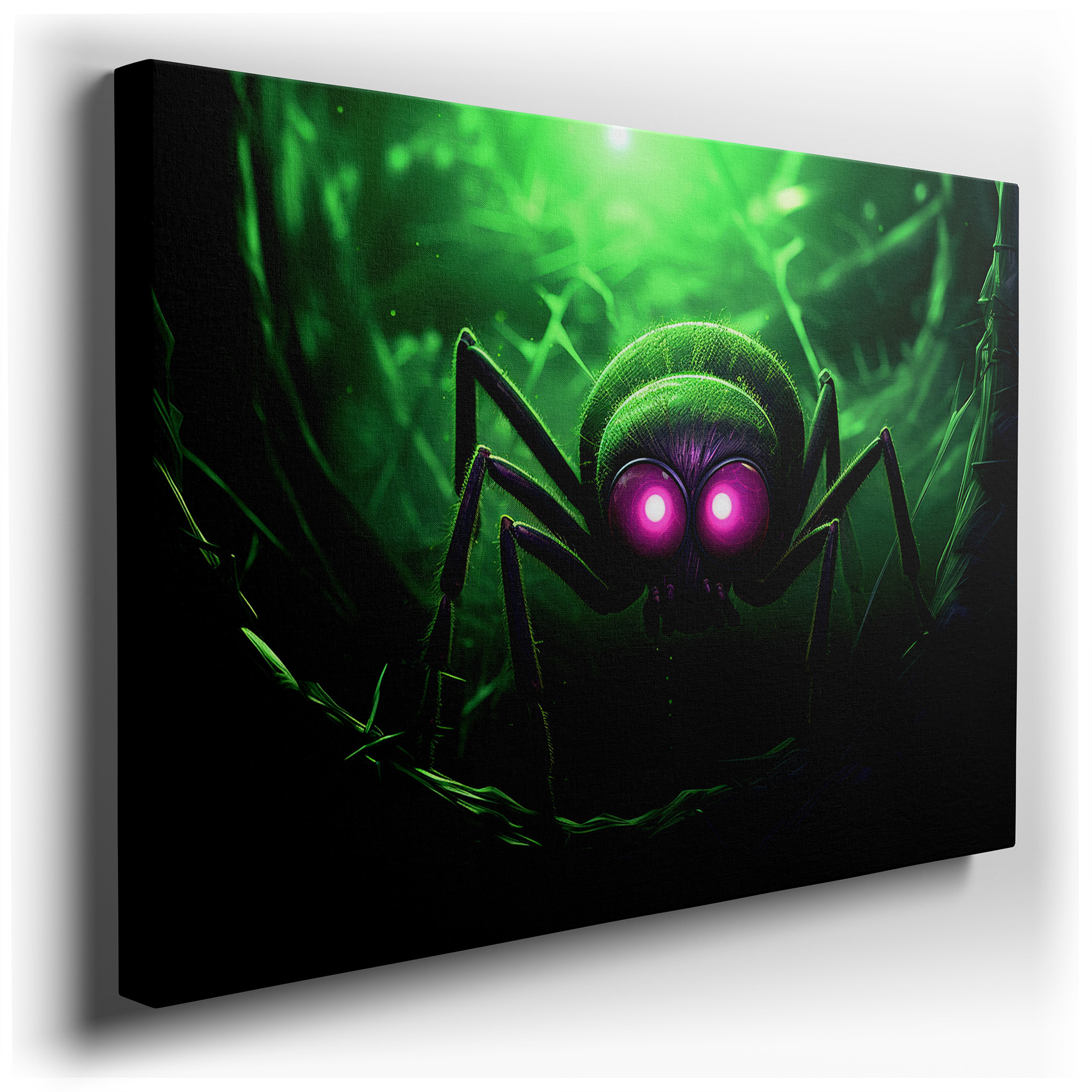 Large Hyper - Realistic Menacing Spider with Glowing Eyes and Shadowy Ambiance - Canvas Wall Art for Office and Bedroom