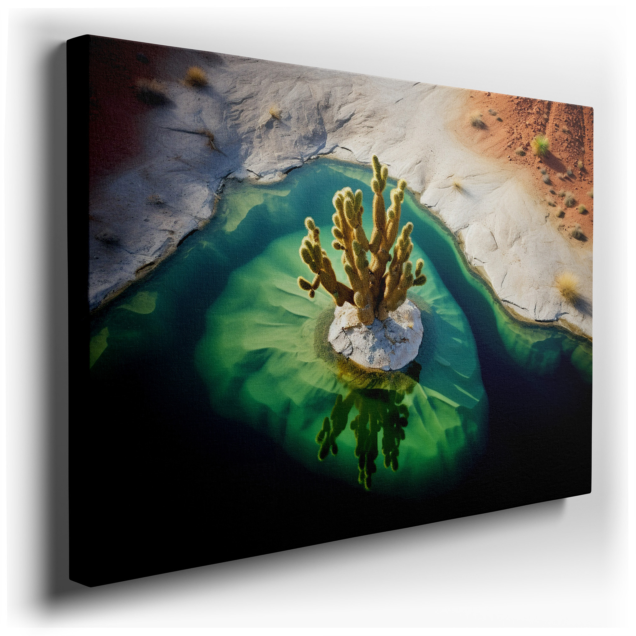 Lone Cactus on a Rocky Island Surrounded by Turquoise Waters - Emblem of Resilience and Elegance. Large Canvas Wall Art