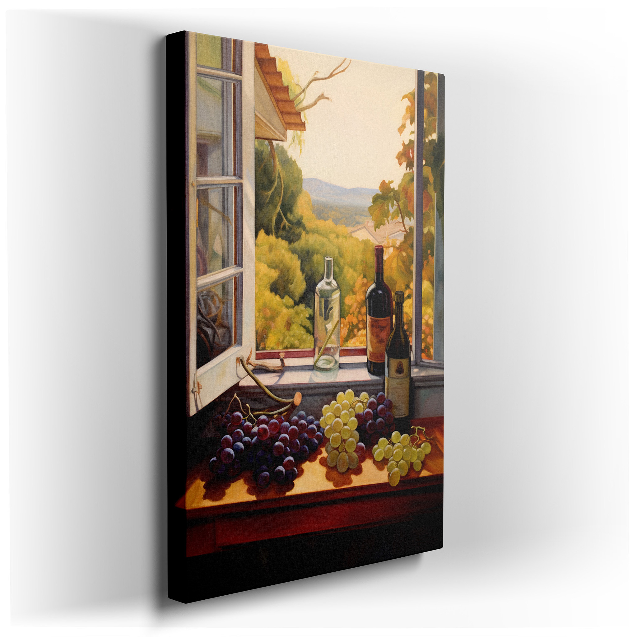 Lush Grapes and Wine Bottles with a Peaceful Window Scene, Celebrating Nature's Bounty - Large Canvas Wall Art Decor