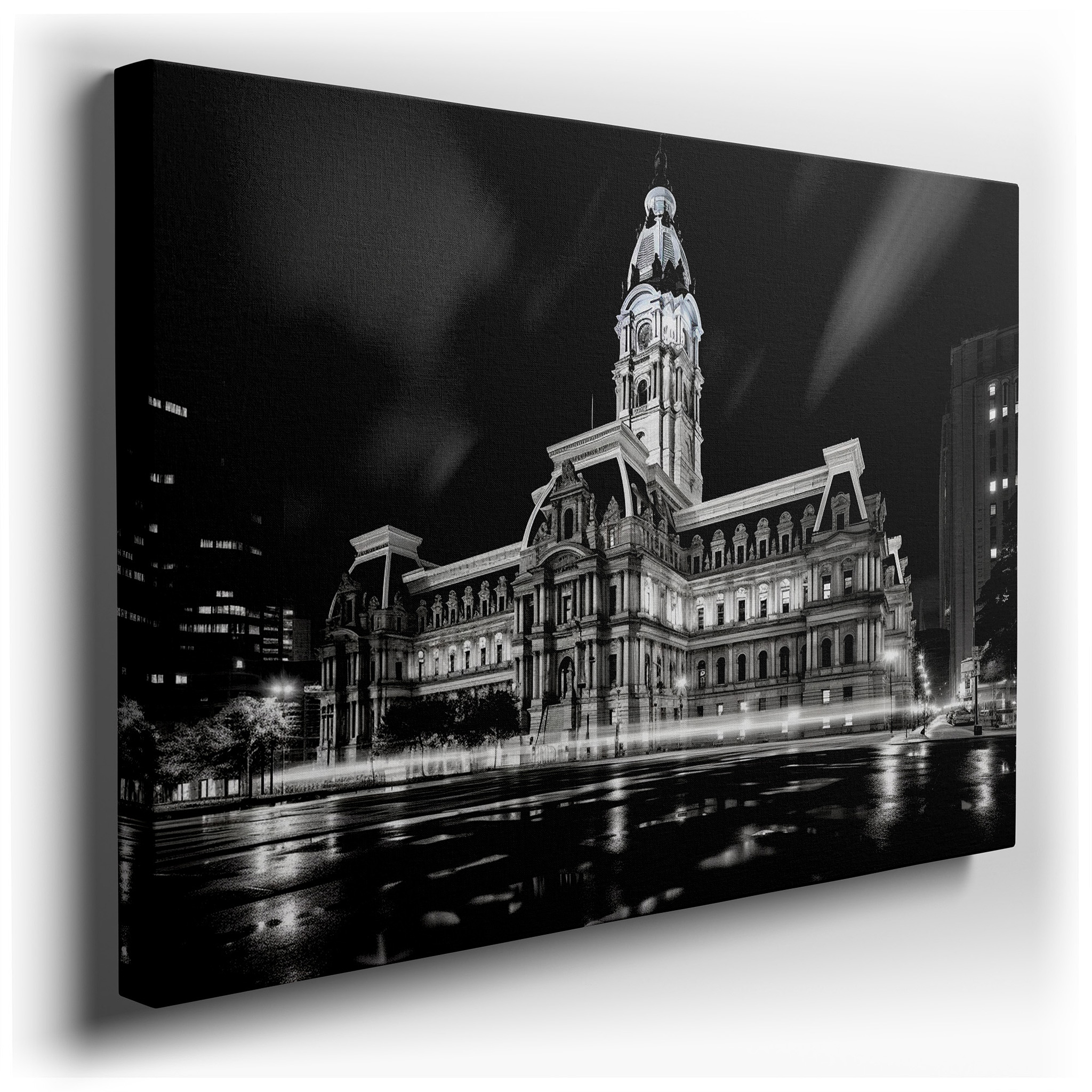 Majestic City Hall at Night - Monochrome Symphony of Light and Shadow. Large Canvas Wall Art for Office and Bedroom