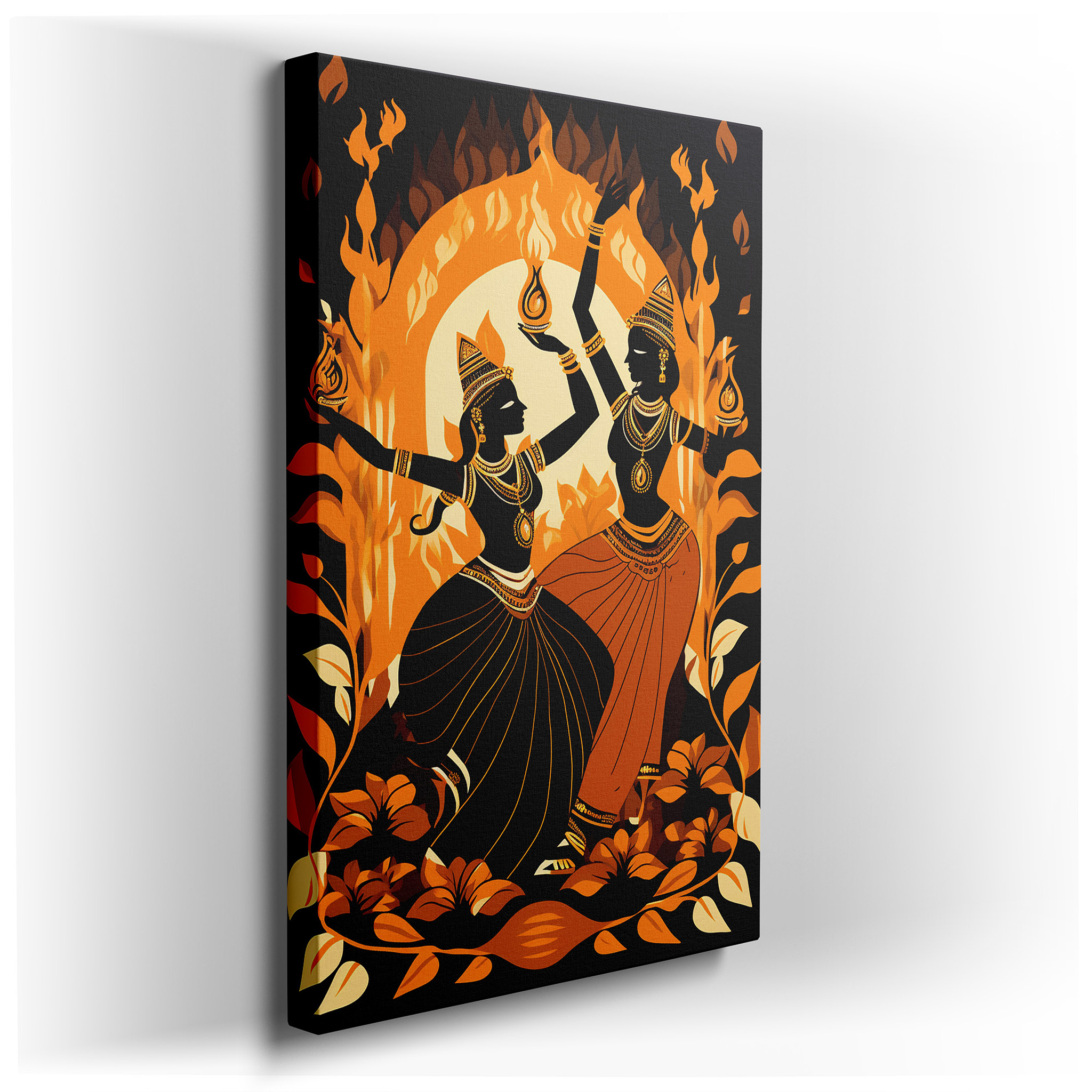 Majestic Display of Goddesses Dancing Among Flames and Flowers, Celebrating Life and Culture - Large Canvas Art for