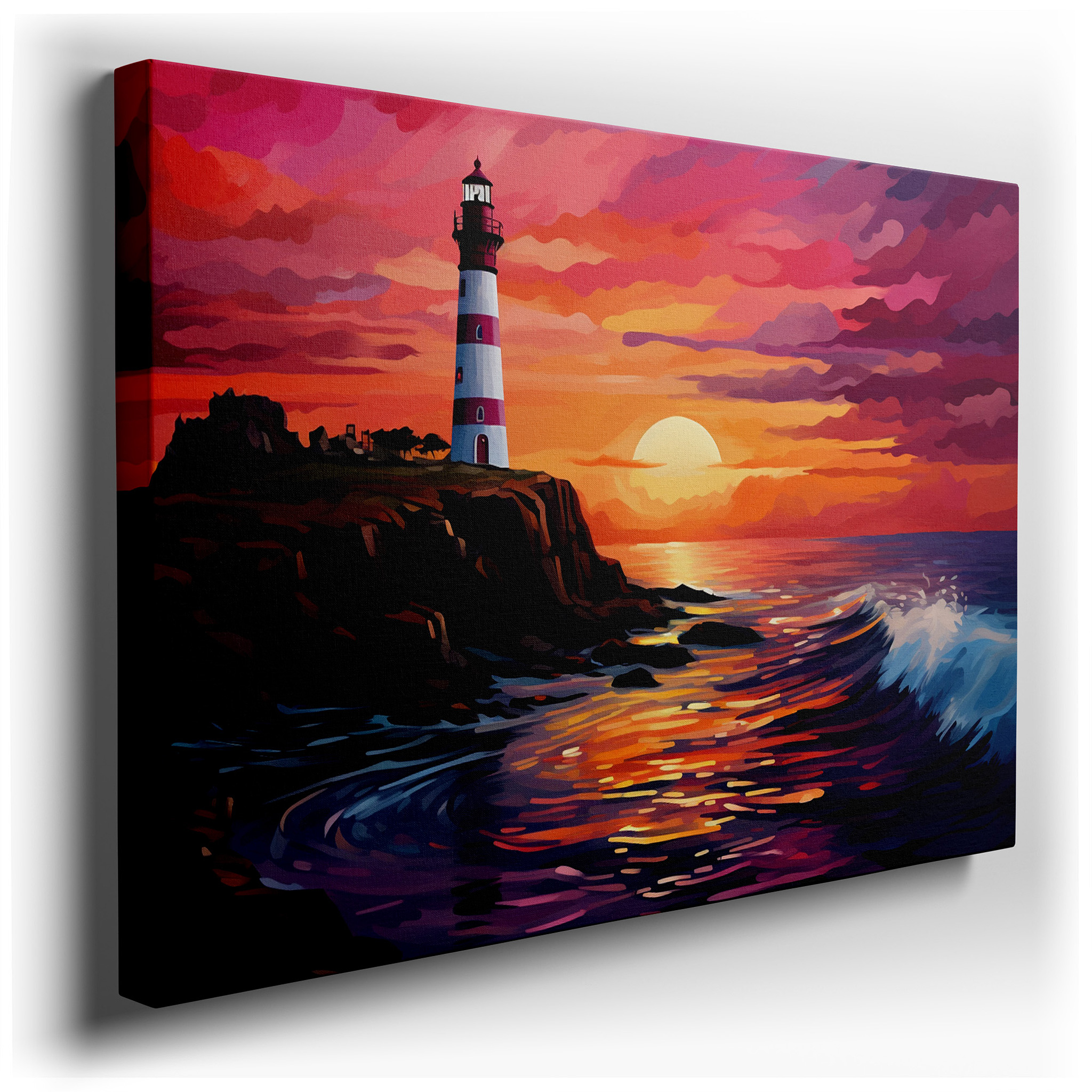 Majestic Lighthouse at Sunset - A Beacon of Hope Against a Vibrant Sky. Large Canvas Wall Art for Office and Bedroom
