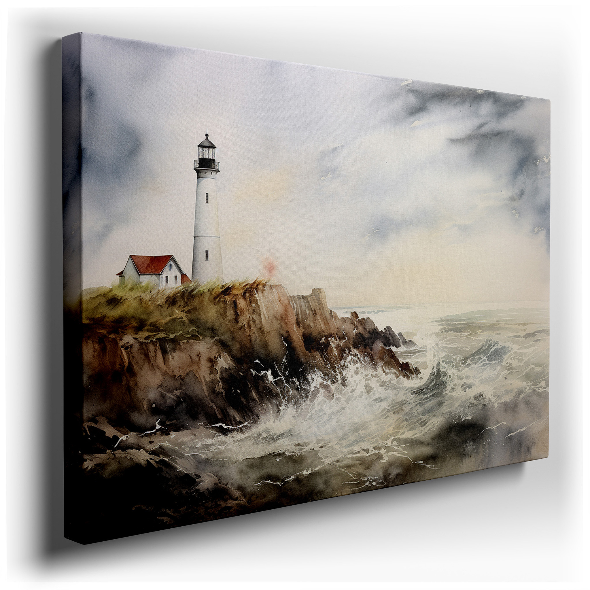 Majestic Lighthouse on Rocky Cliff - Symbolizing Strength and Hope Amidst Nature's Fury, Large Canvas Wall Art for Home