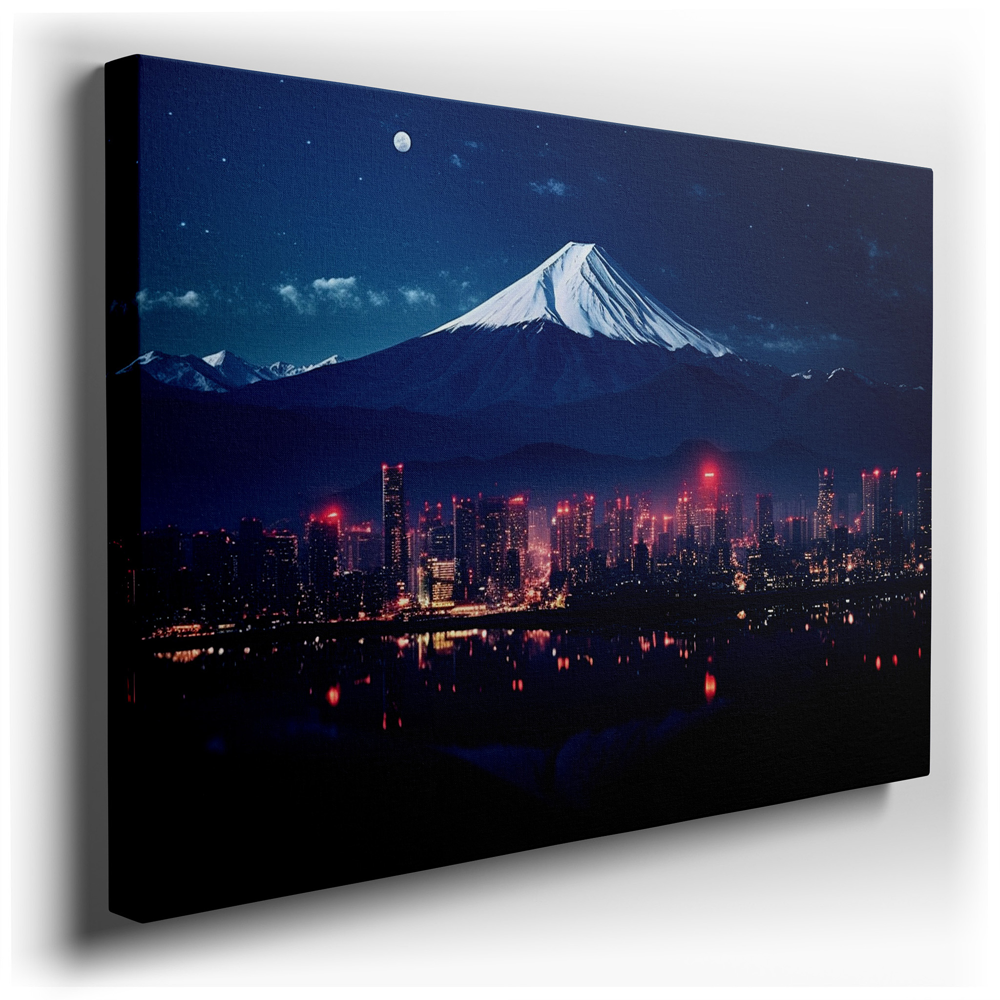 Majestic Mount Fuji Under Moonlit Skies Amidst Urban Lights - Large Canvas Wall Art for Office, Bedroom, and Living