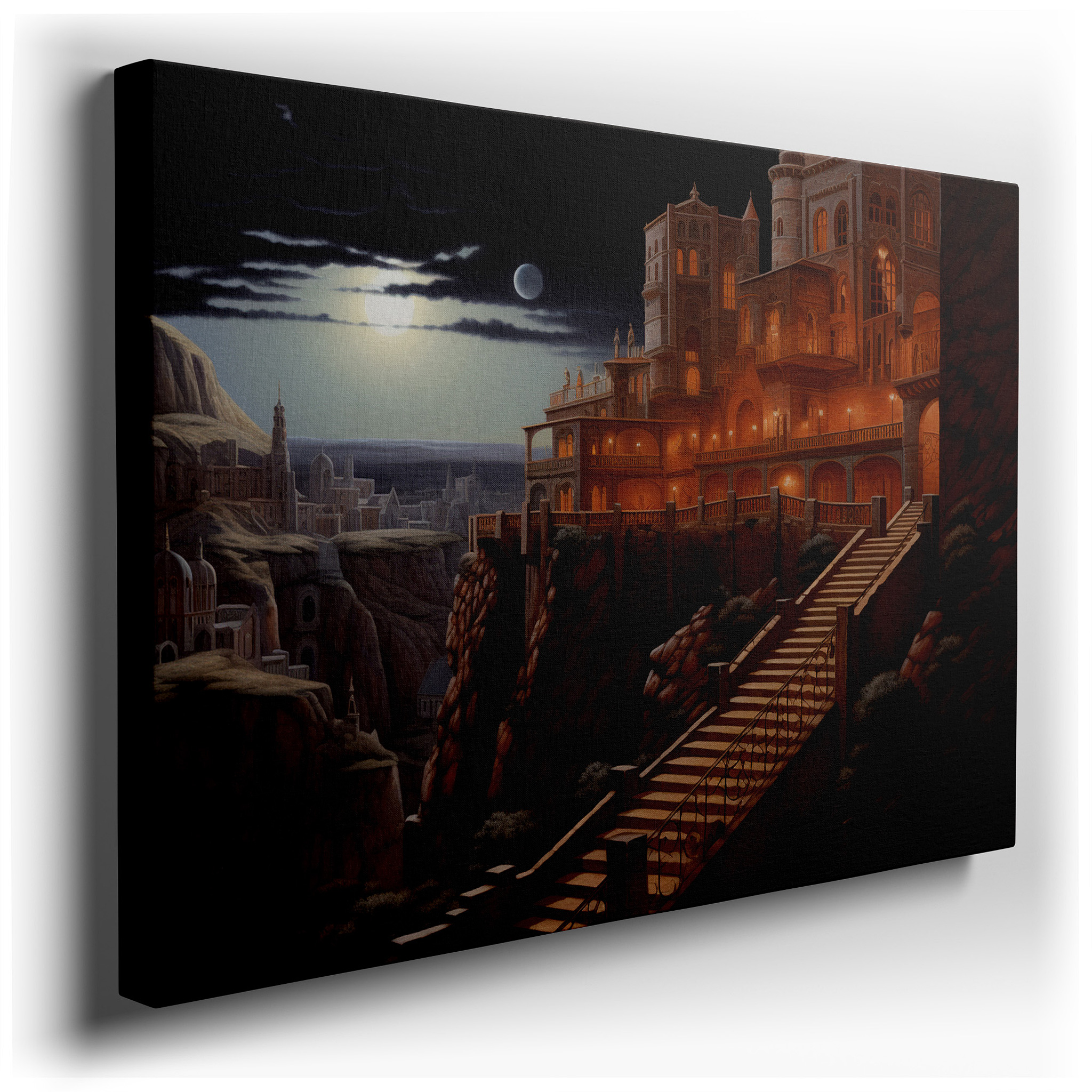 Majestic Mountain Fortress Under Moonlit Twilight - Gateway to Ancient Realms, Large Canvas Wall Art Decor for Office