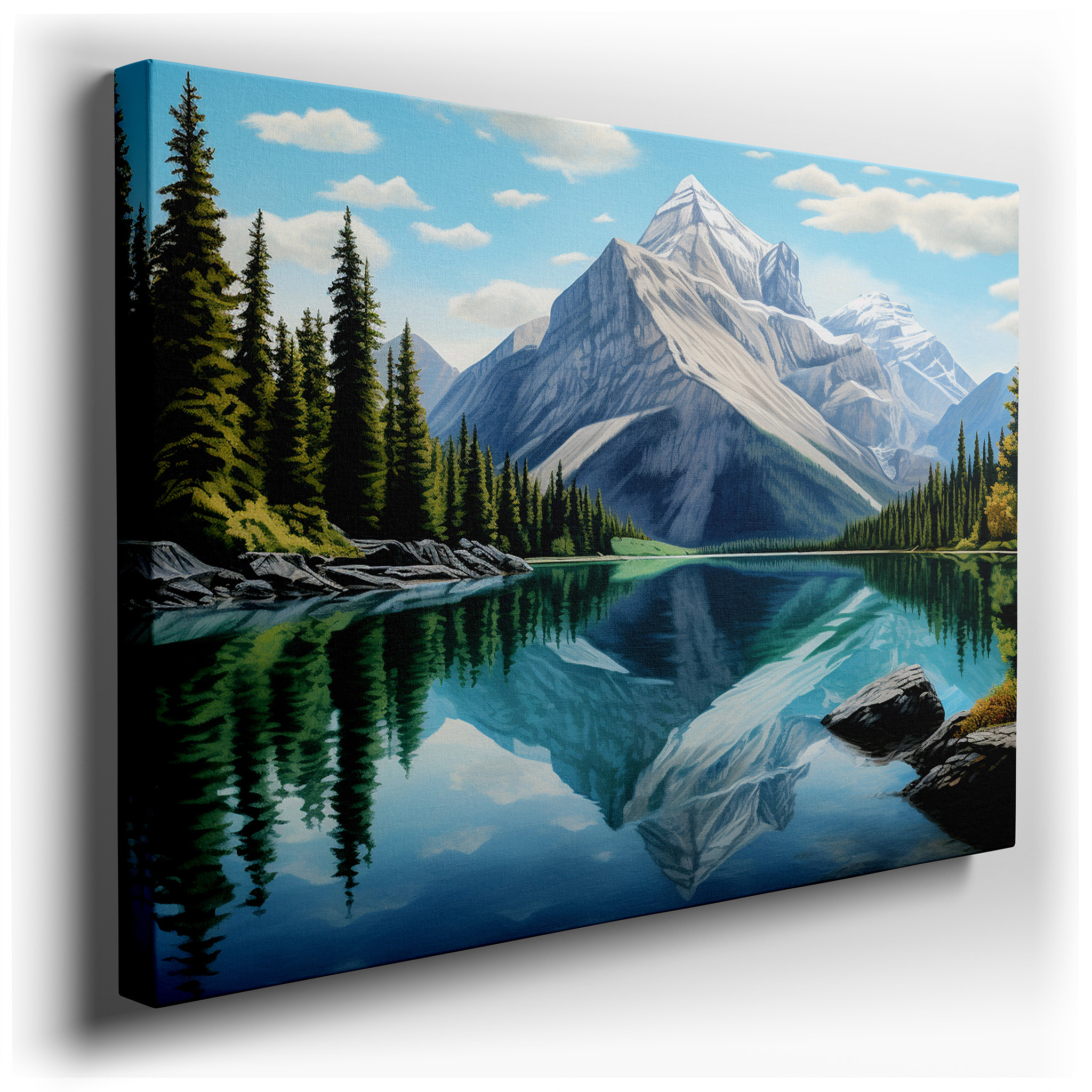 Majestic Mountains and Reflective Lake Surrounded by Lush Coniferous Trees - Large Canvas Wall Art for Office and