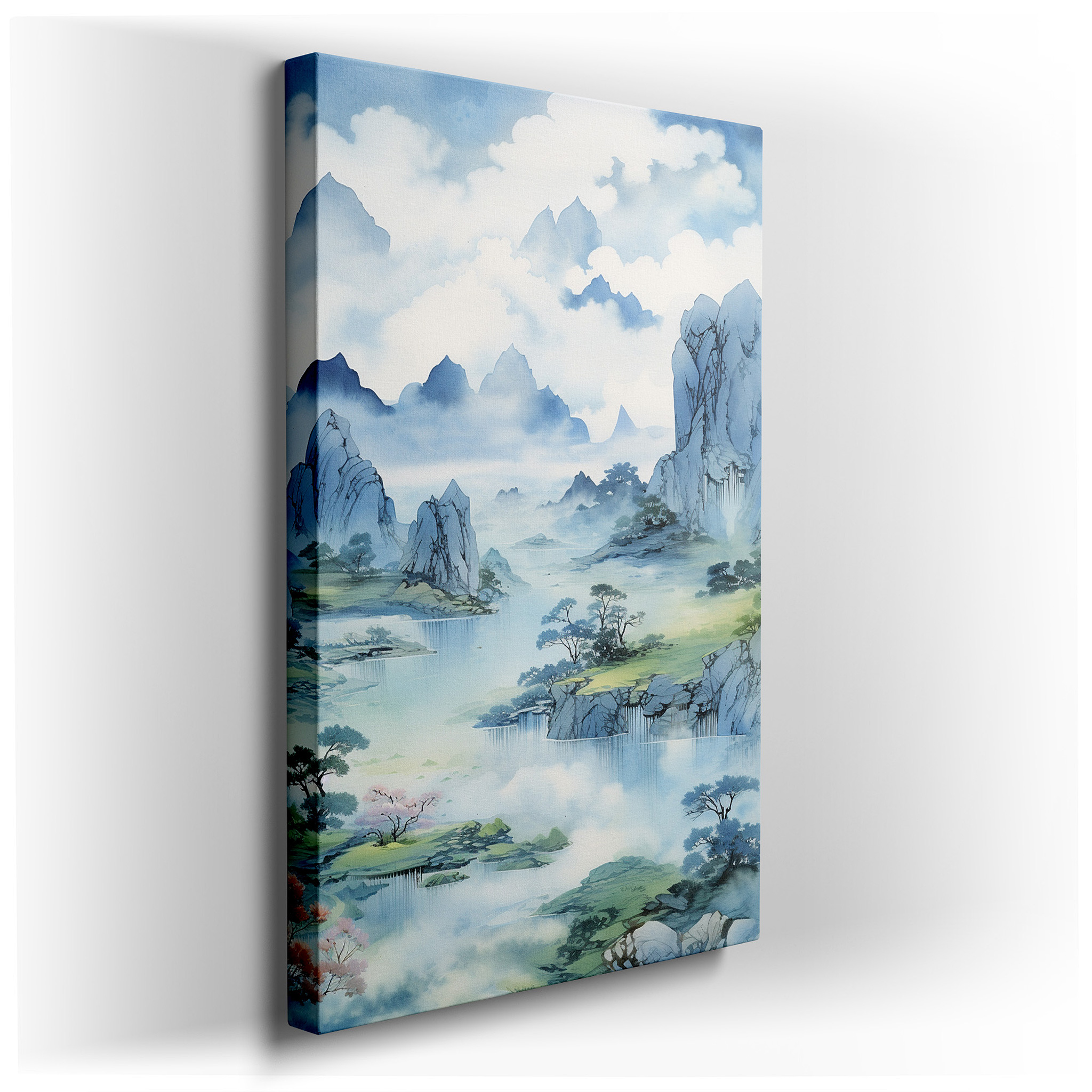 Majestic Peaks and Serene Streams in Misty Tones - A Sanctuary of Calm. Large Canvas Wall Art for Office and Bedroom