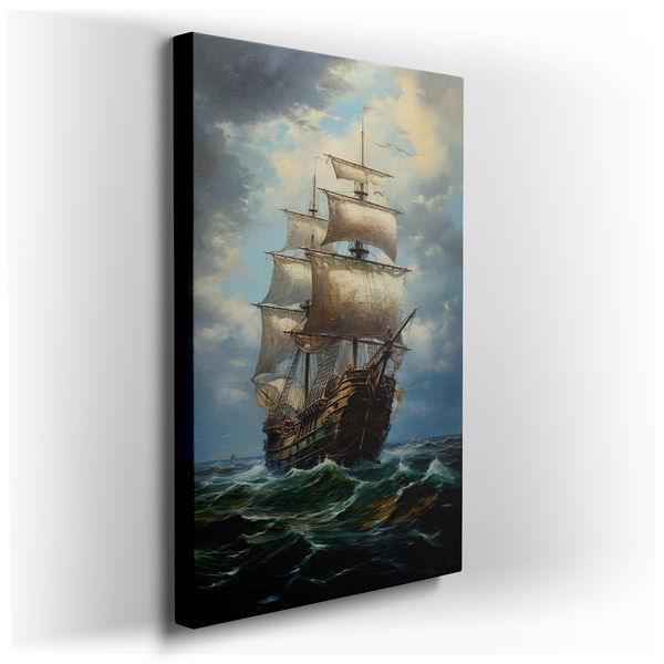 Majestic Ship Battles Nature's Fury - Expressive Realism Canvas Wall Art