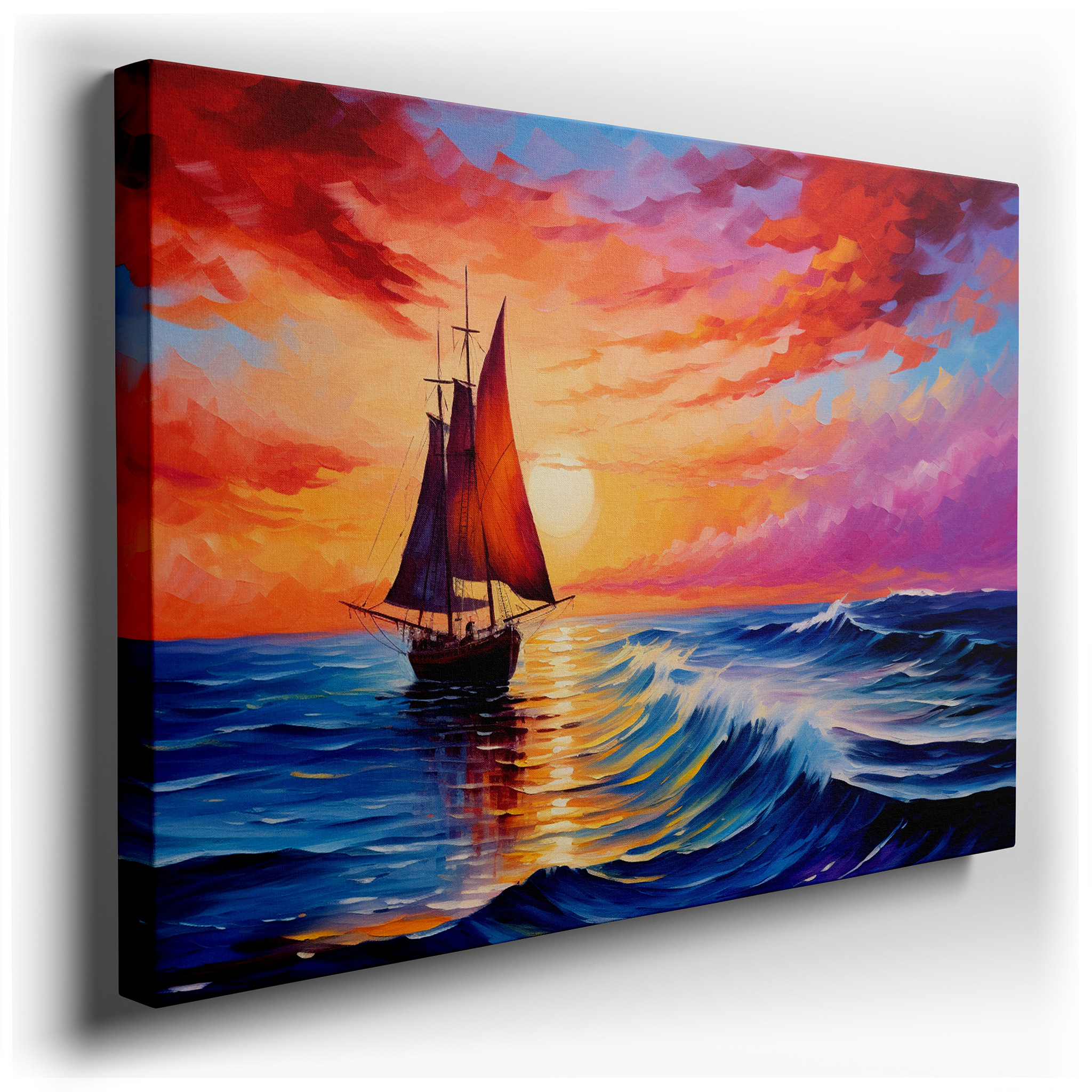 Majestic Ship Sailing Through Stormy Seas at Sunset - Large Canvas Wall Art for Office, Bedroom, and Living Room Decor