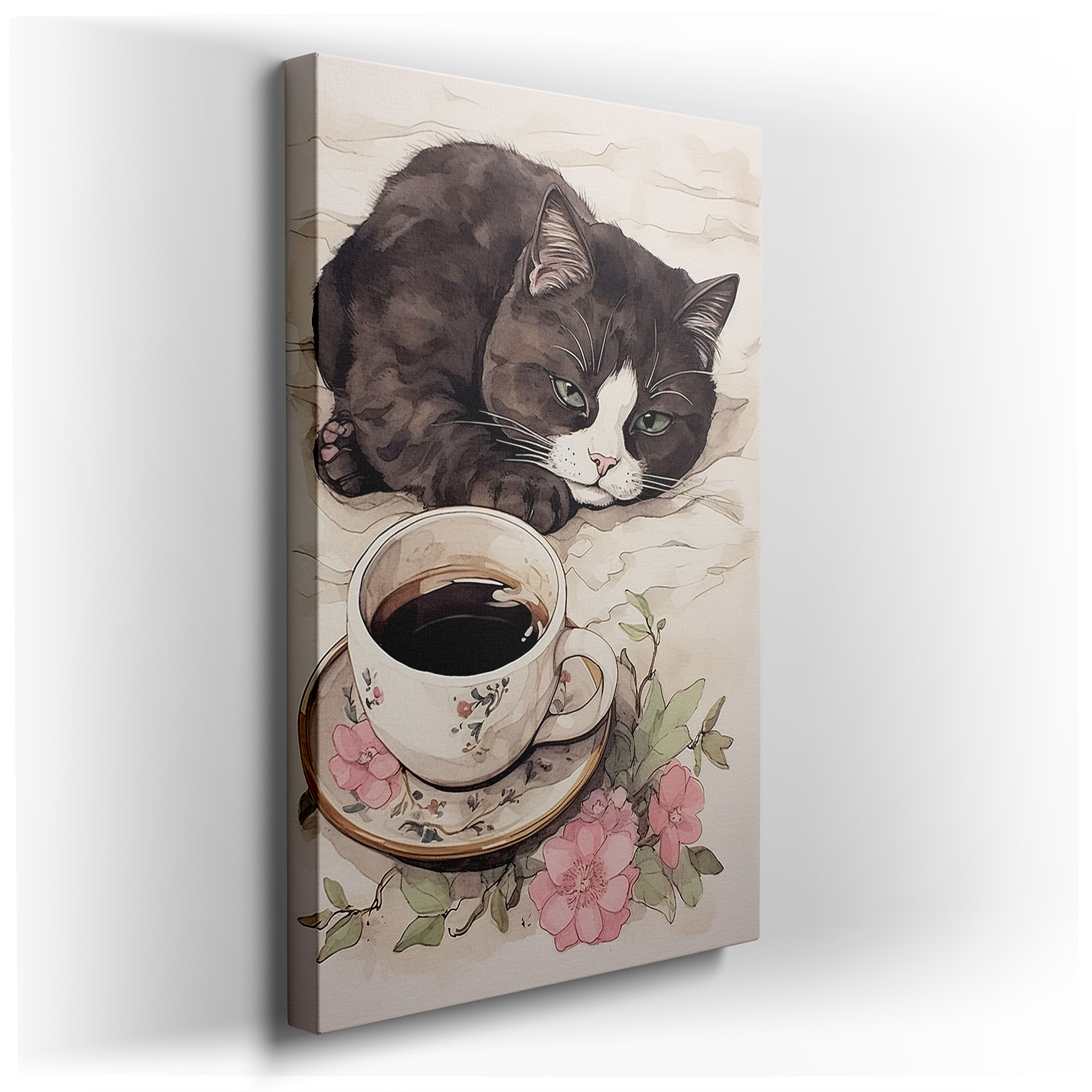 Peaceful Apathy Featuring a Cat and Flower - Adorned Coffee Cup, Tranquil Haven Large Canvas Art, Home and Office Decor
