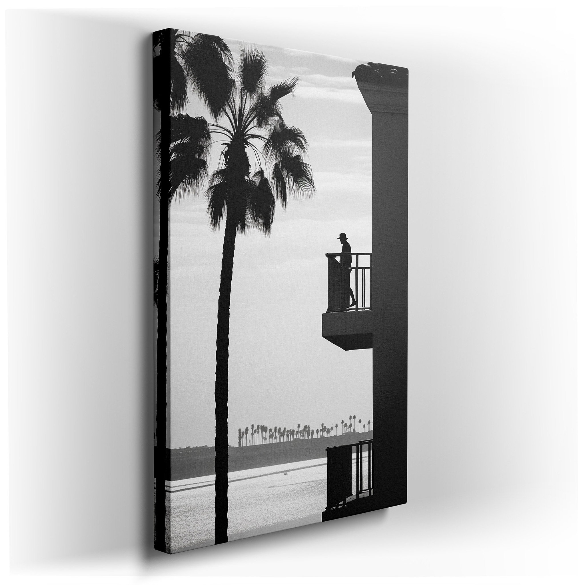 Peaceful Solitude on a Balcony with a View of a Quiet Coastal Landscape and Palm Trees - Large Canvas Wall Art for Home