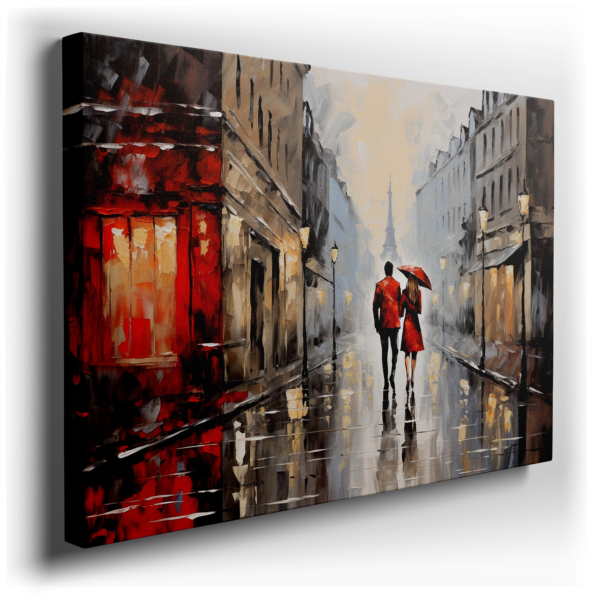 Romantic Parisian Encounter Beneath a Red Umbrella, A Rain - Drenched Journey Through Love on Cobblestones, Large