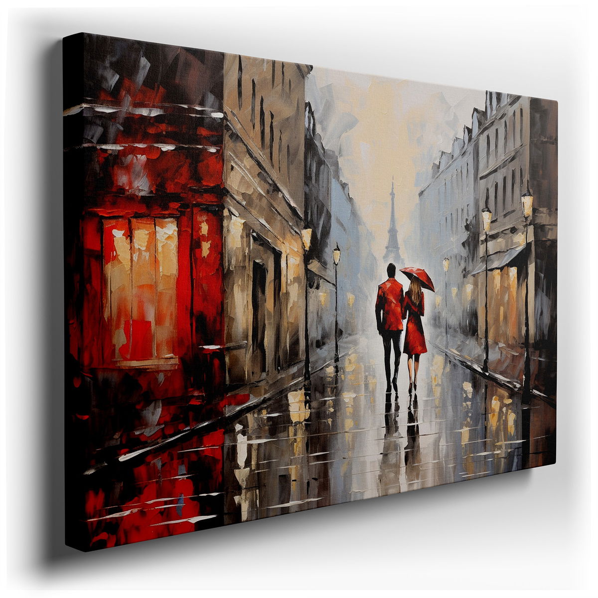 Romantic Parisian Encounter - Red Umbrella Canvas Wall Art