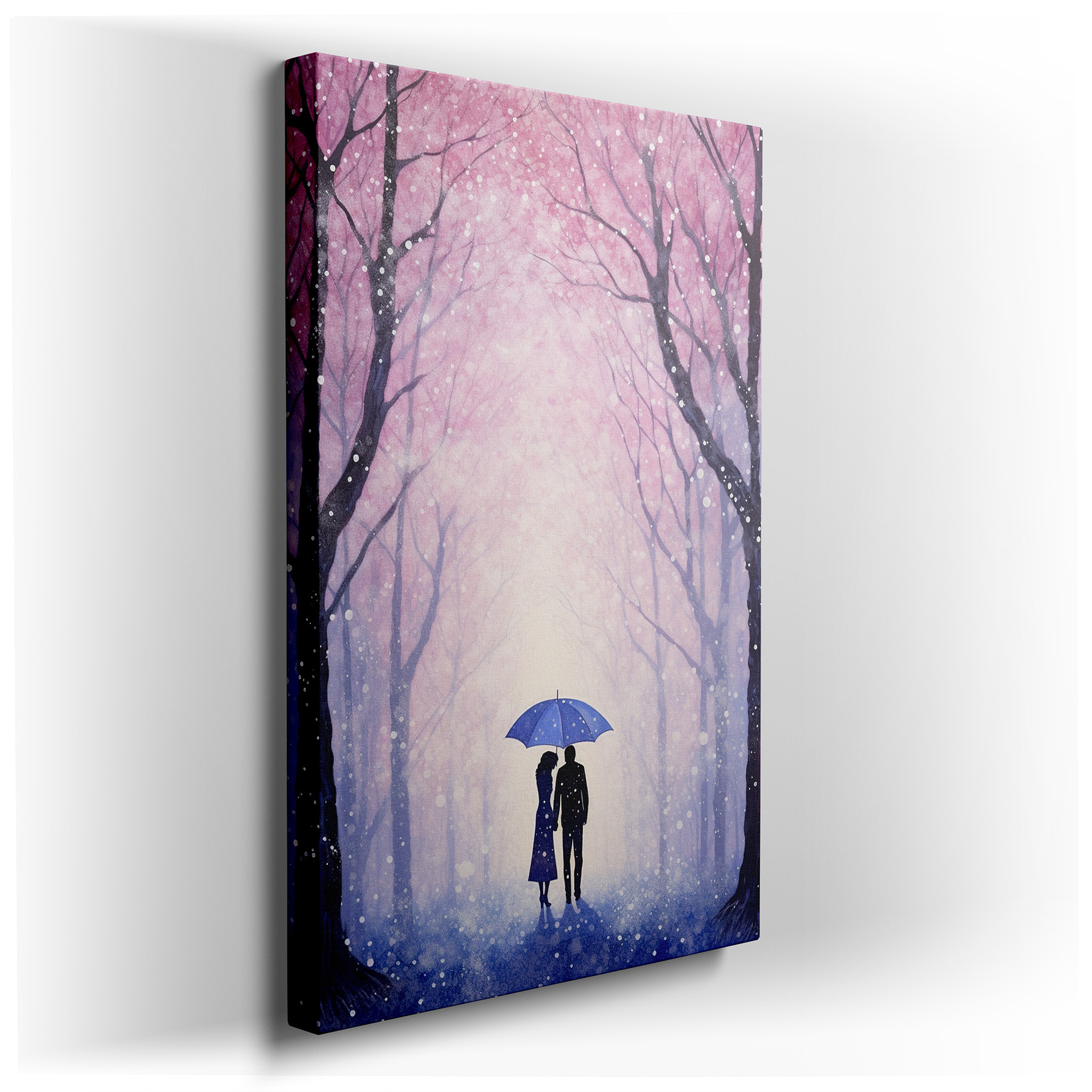 Romantic Walk Under a Blue Umbrella Among Spring Blossoms - Large Canvas Wall Art for Office and Bedroom Decor wrapped