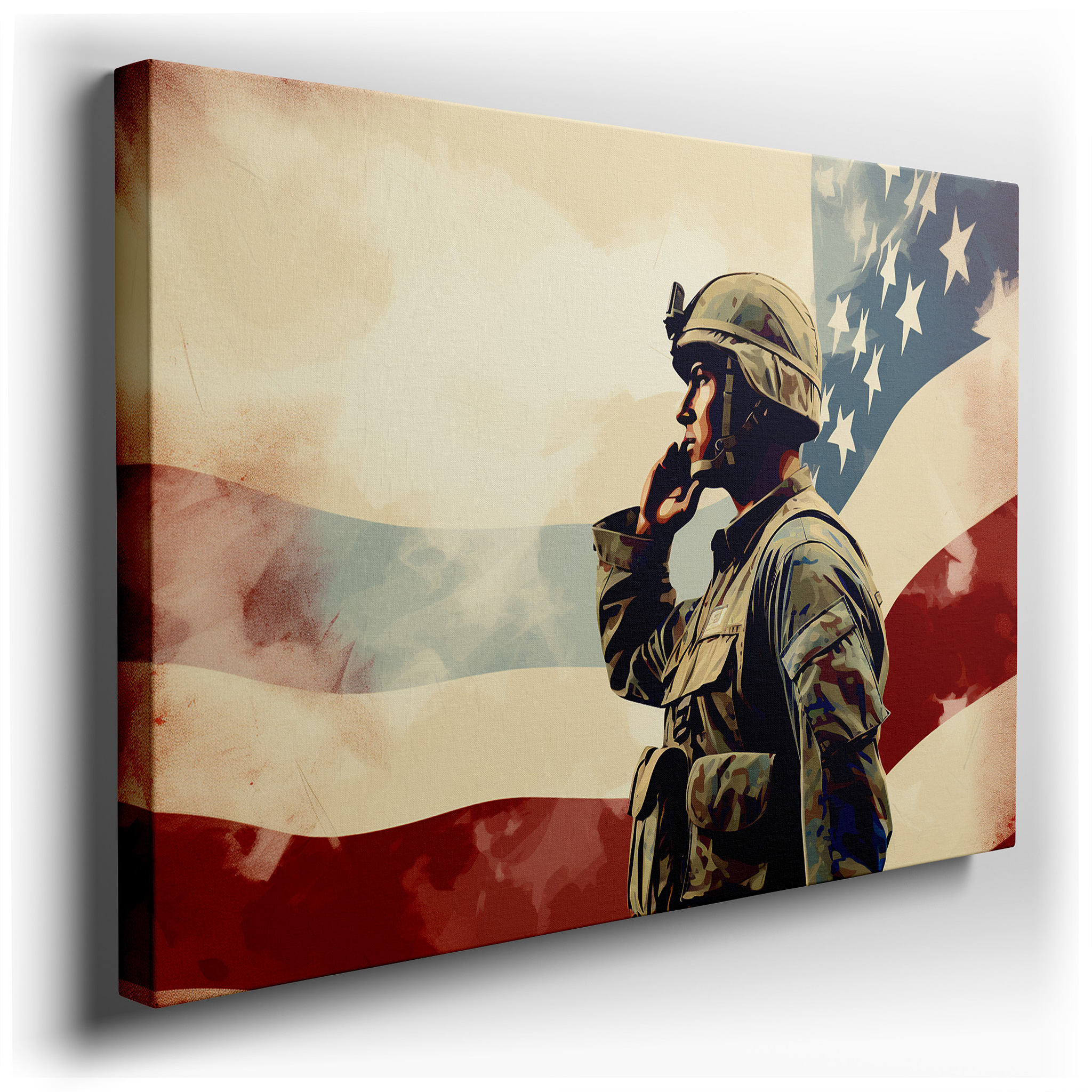 Saluting Soldier with American Flag - A Tribute to National Pride and Honor. Large Canvas Wall Art for Office Decor.
