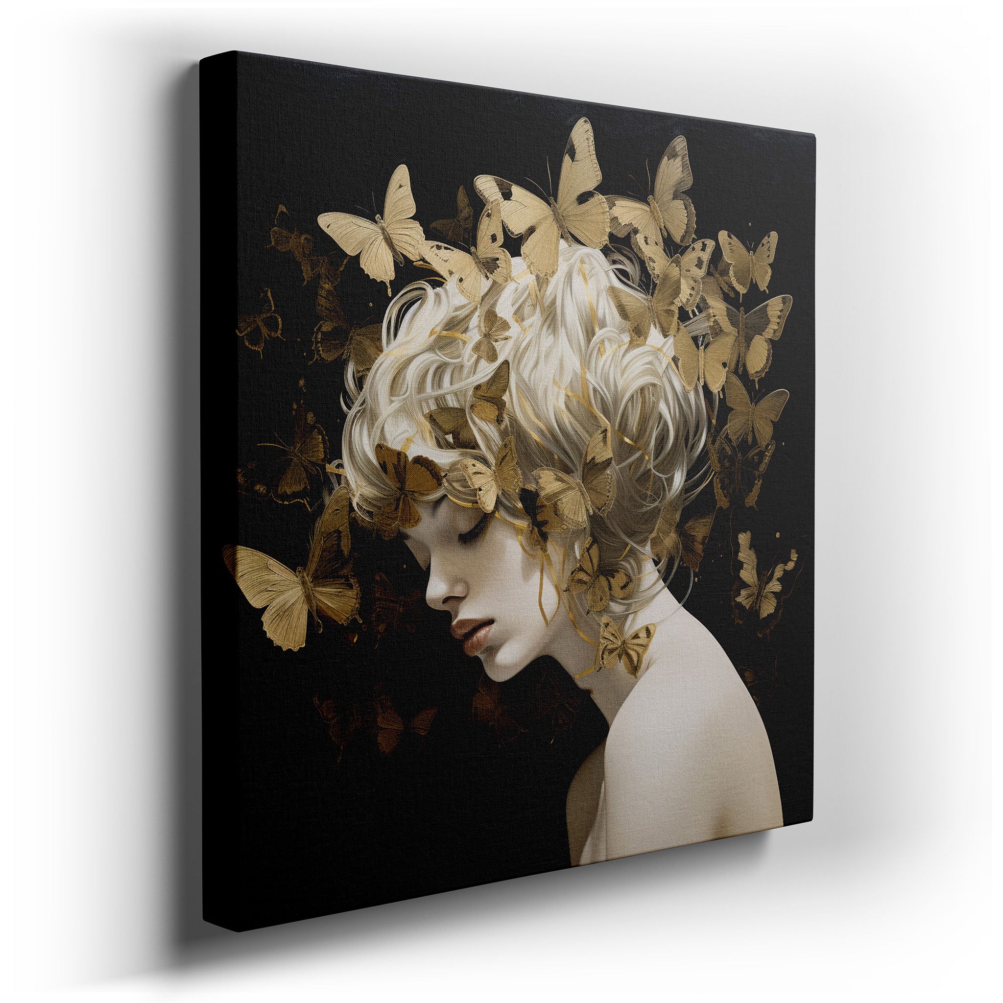 Serene and Mystical Woman Adorned with Golden Butterflies - Large Canvas Art for Home and Office Decor, Ideal for