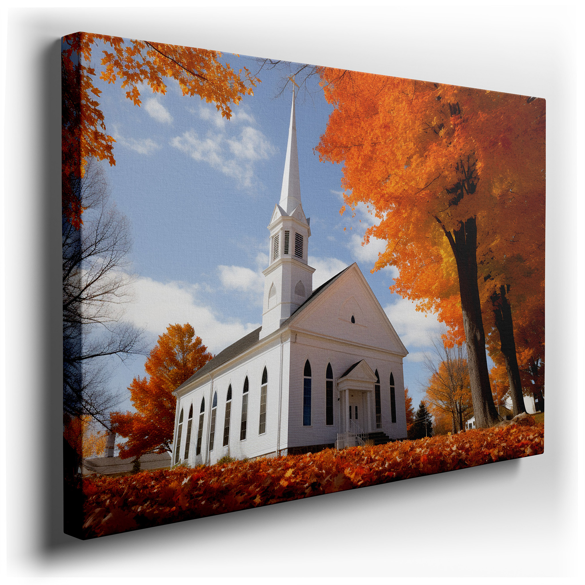 Serene Autumn Day Featuring a Charming White Church Surrounded by Vibrant Foliage - Large Canvas Wall Art for Office