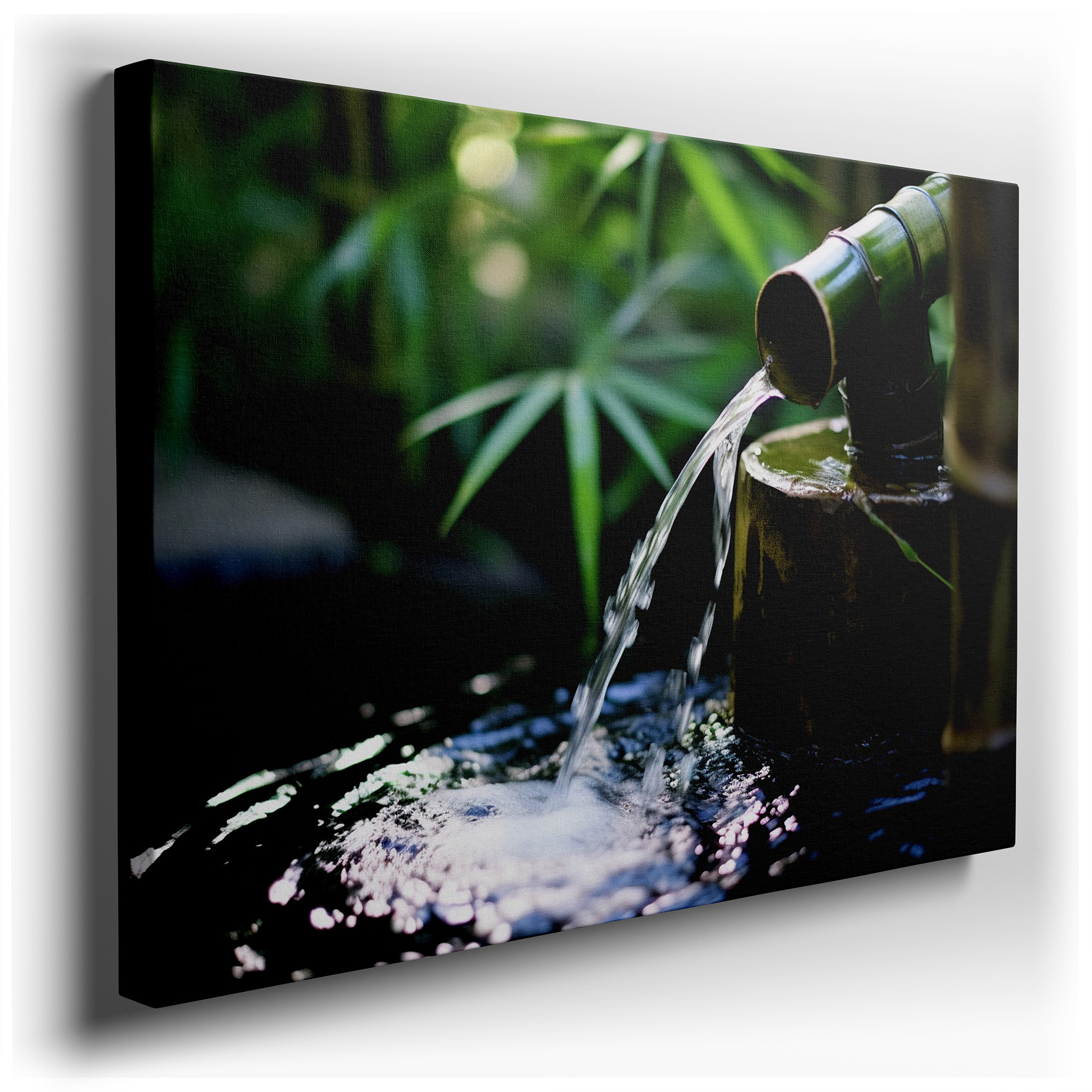 Serene Bamboo Water Feature Surrounded by Vibrant Greenery, Sunlit Garden Oasis Large Canvas Wall Art for Office Decor