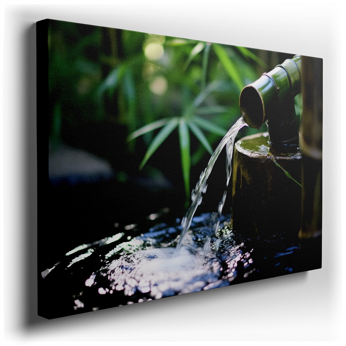 Serene Bamboo Water Feature - Vibrant Greenery Canvas Wall Art