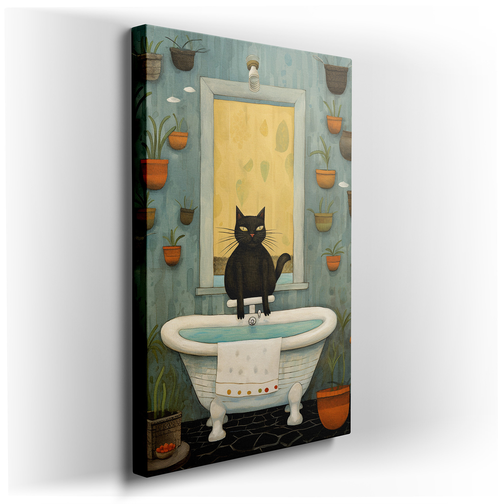 Serene Beauty Featuring a Black Cat on a Bathtub Surrounded by Verdant Plants and Gentle Lighting - Large Canvas Wall