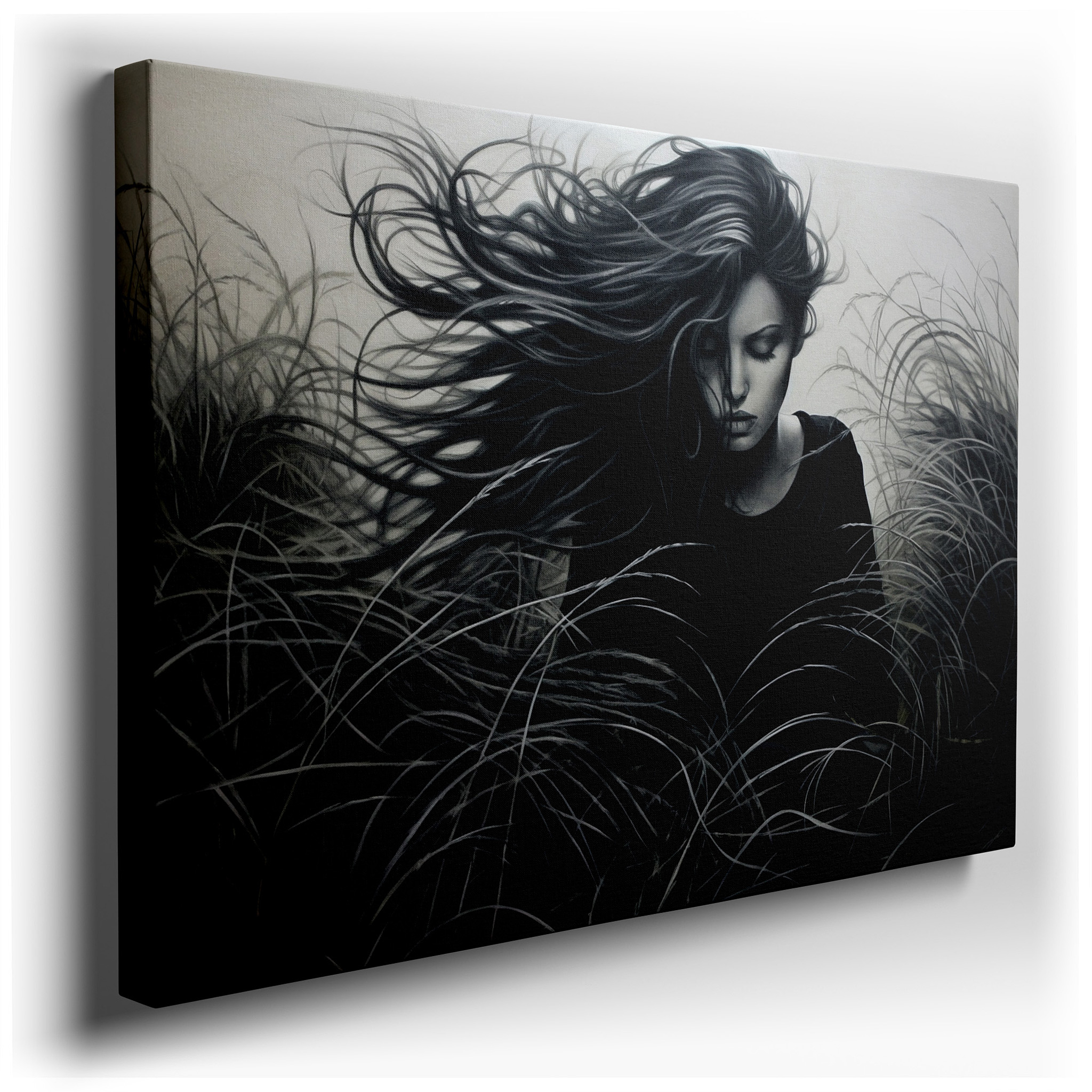 Serene Black and White Image of a Thoughtful Woman in an Expansive Meadow - Large Canvas Wall Art for Home and Office