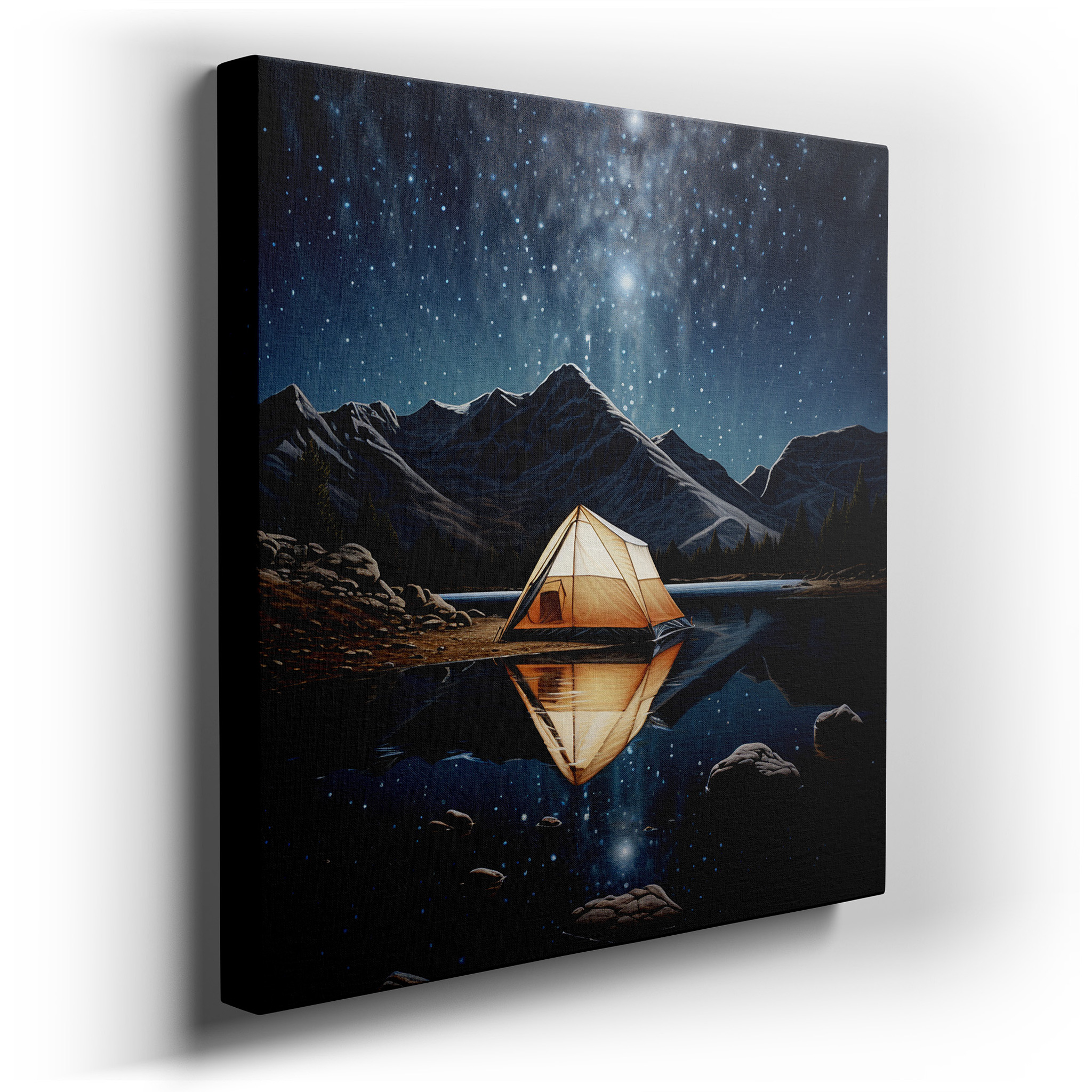Serene Camping Scene by a Tranquil Lake with a Star - Filled Sky Reflection and a Solitary Tent Amid Majestic Mountains