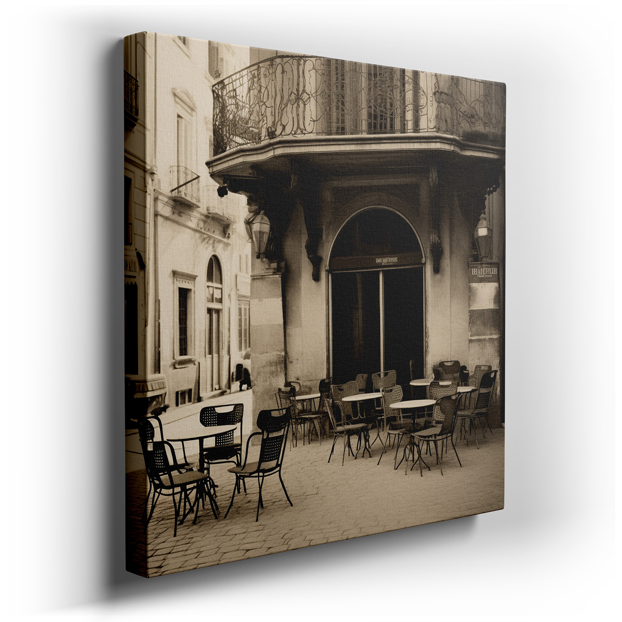 Serene City Café in Monochrome - Elegant Wrought Iron Against a Historic Setting, Large Canvas Wall Art for Home and