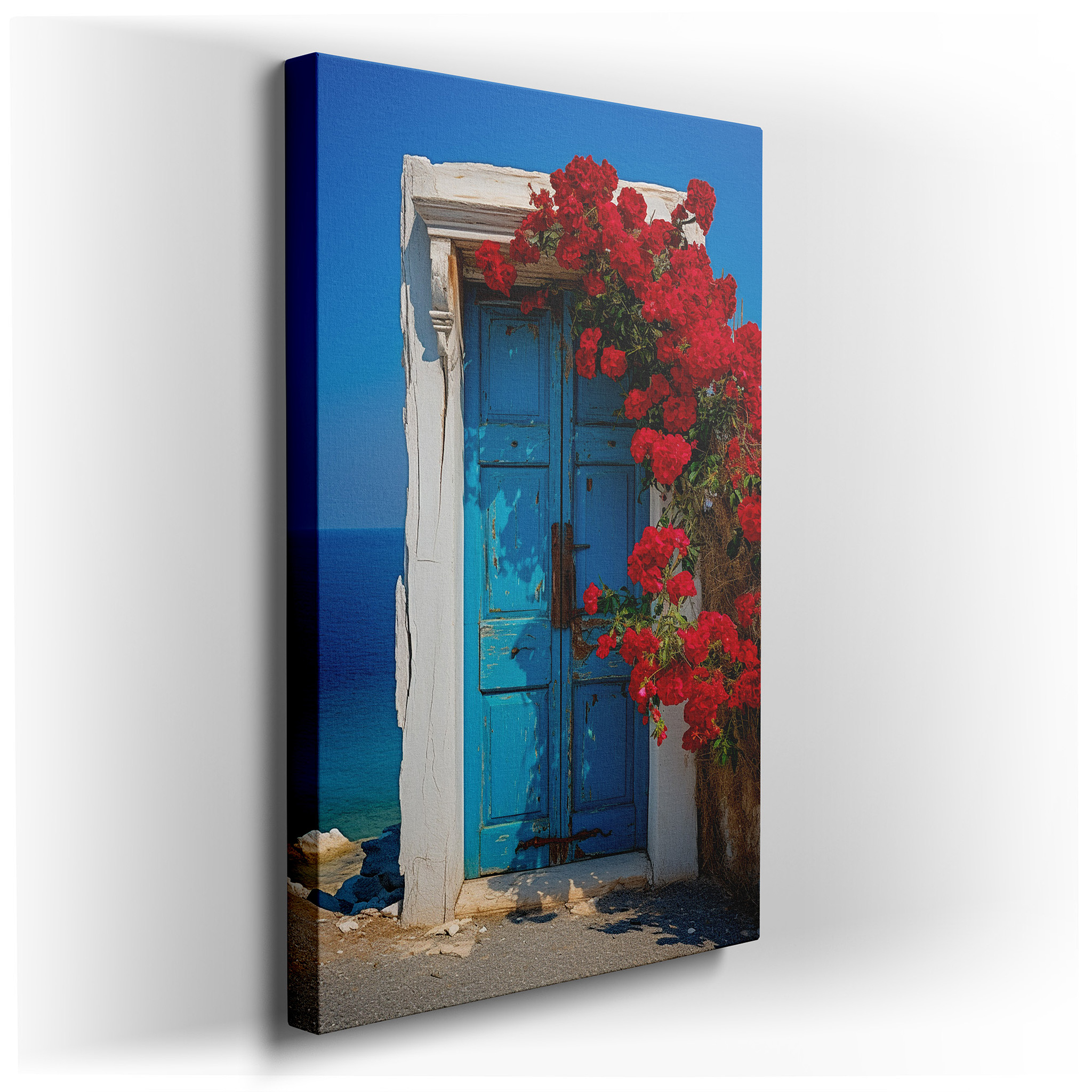 Serene Coastal Landscape Featuring a Bright Blue Door and Red Flowers - Large Canvas Wall Art for Office, Bedroom, and