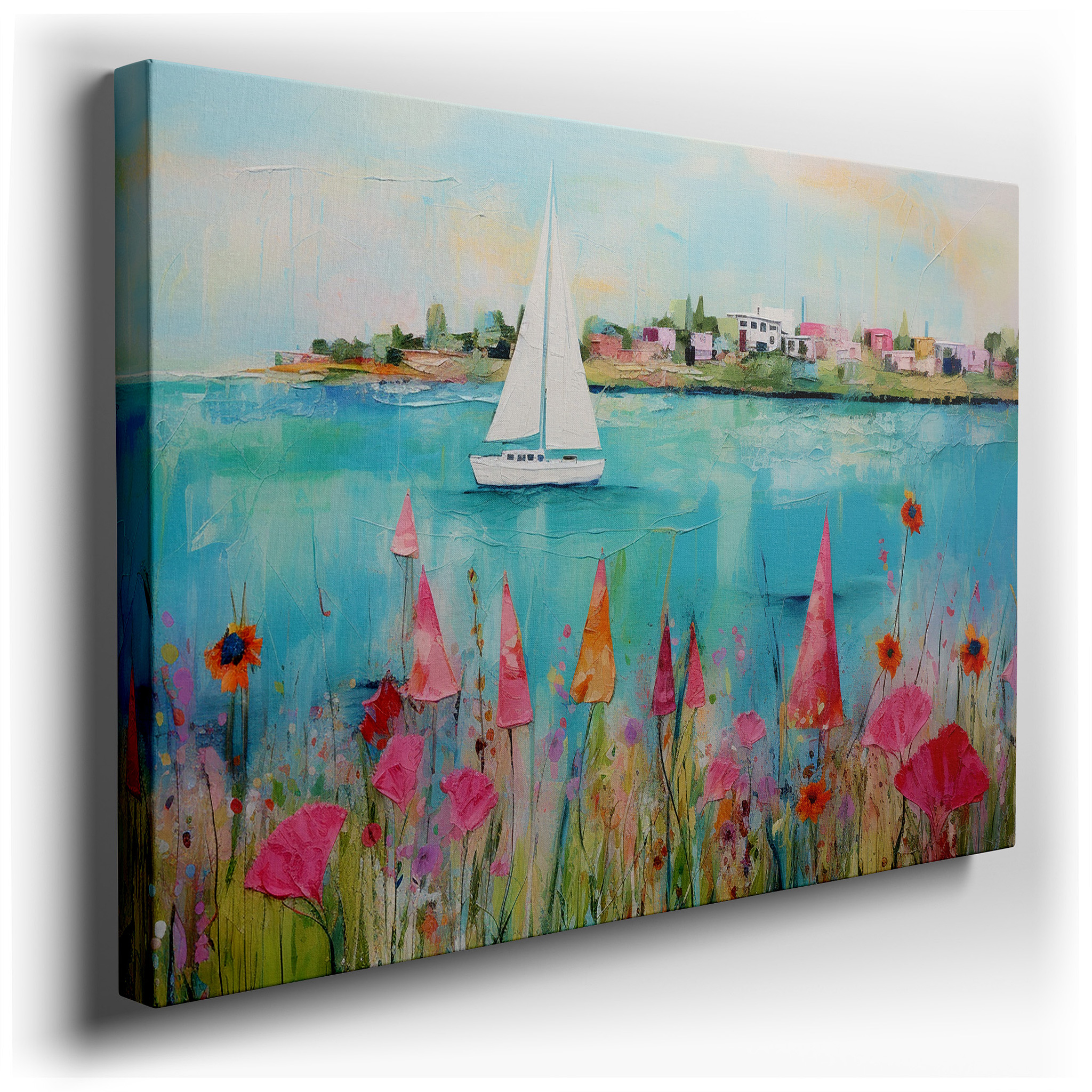 Serene Coastal Scene Featuring Vibrant Florals and a Tranquil Sailboat - Large Canvas Wall Art for Office, Bedroom, and