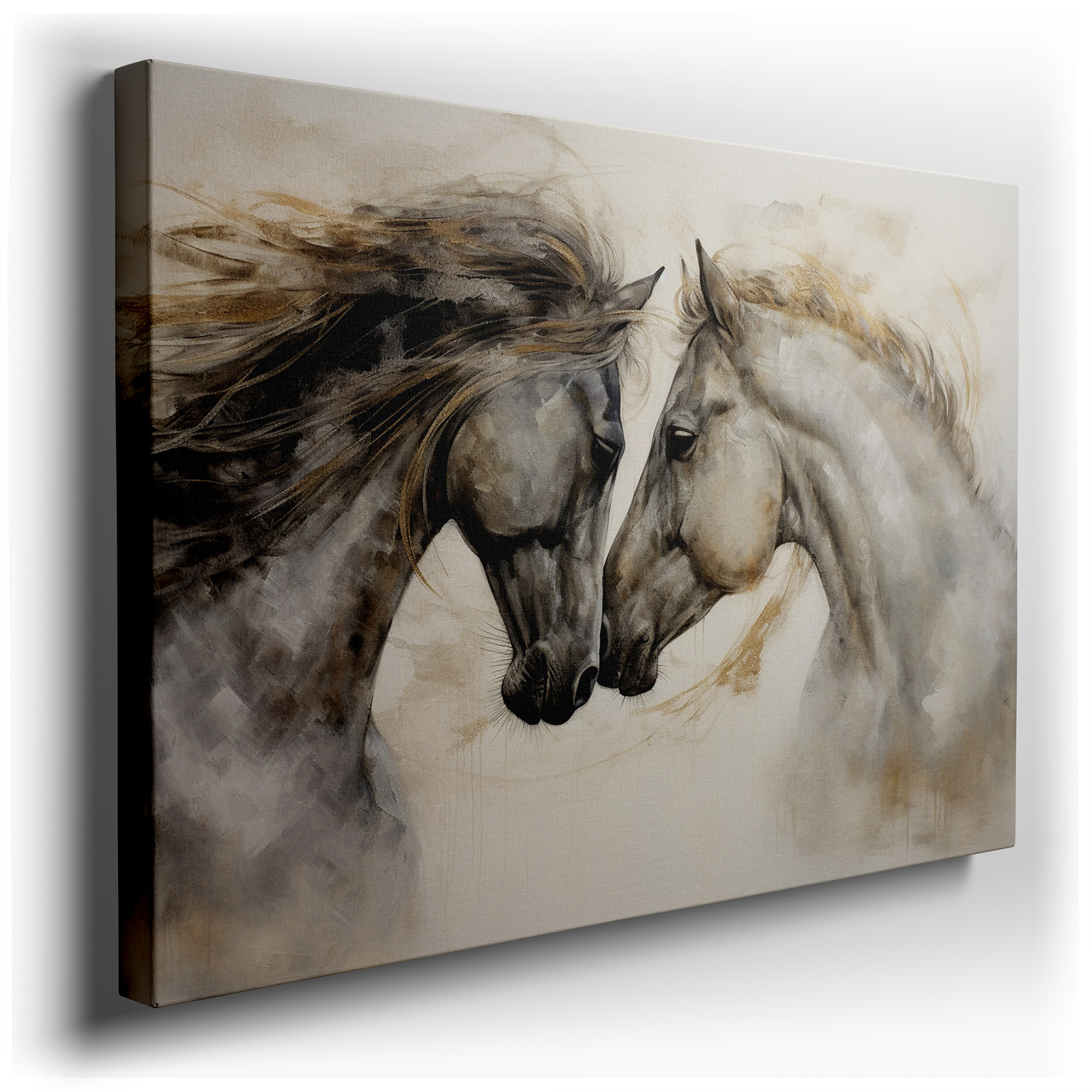 Serene Connection of Two Horses in Perfect Unity - Large Canvas Wall Art for Office, Bedroom, and Living Room Decor