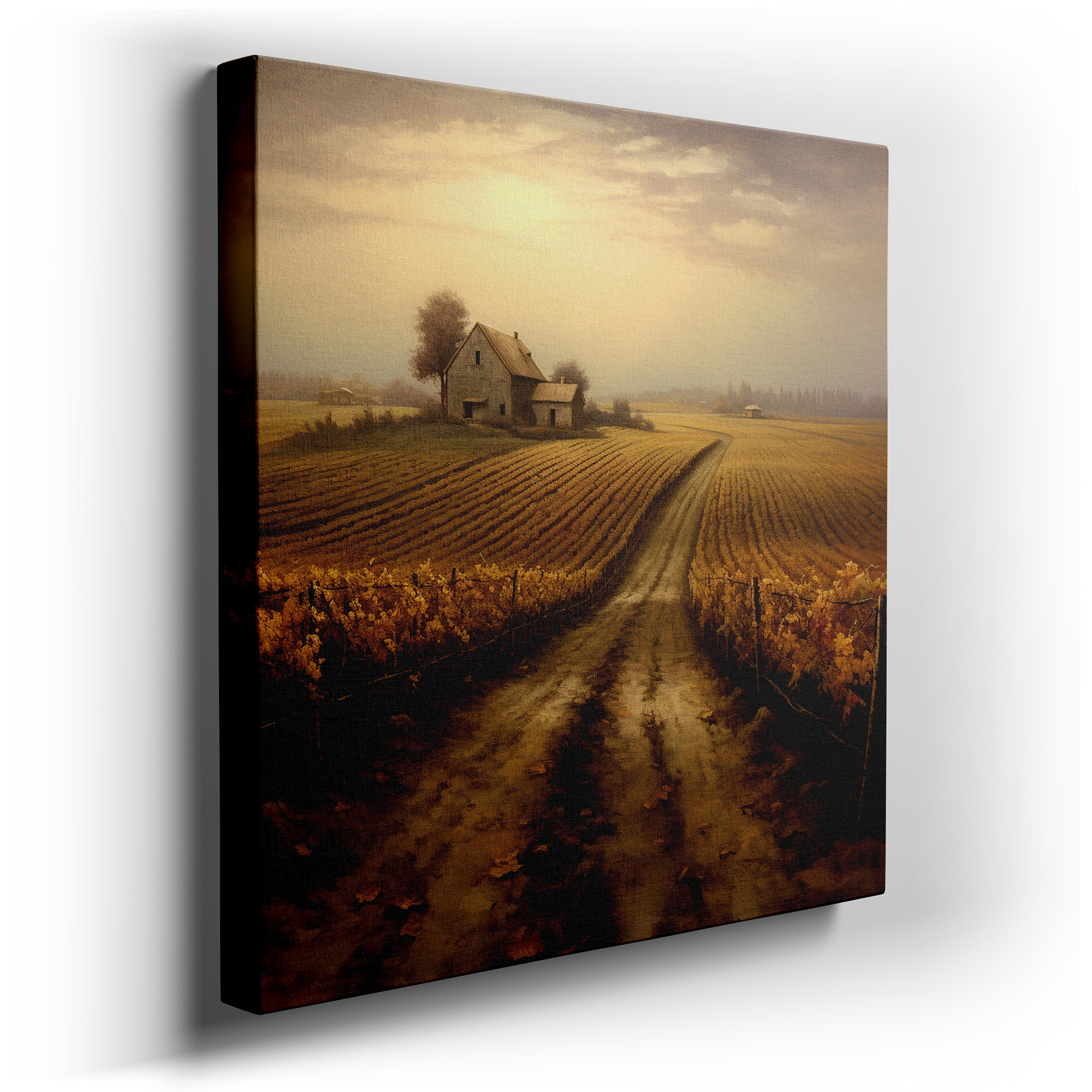 Serene Homestead and Vibrant Vineyards Beneath a Gentle Dusk Sky - Large Canvas Wall Art for Office, Bedroom, and