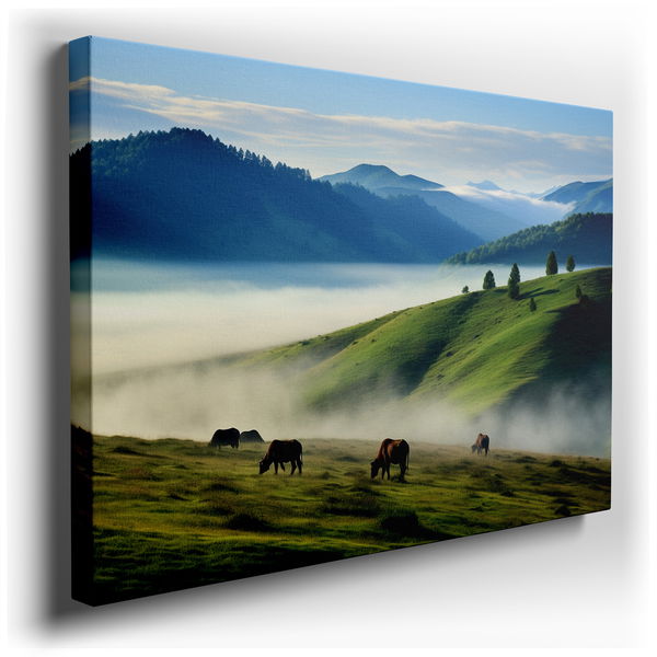 Serene Horses Grazing - Tranquil Landscape Canvas Wall Art