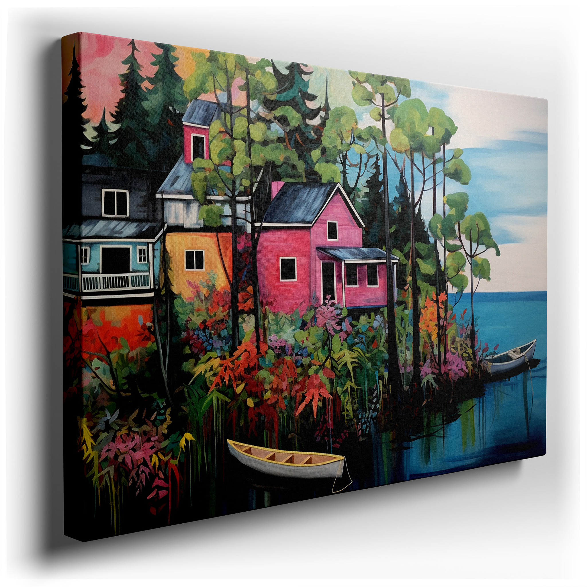 Serene Lakeside Getaway Featuring Bright Houses and Lively Flower Scenery - Large Canvas Wall Art for Home and Office