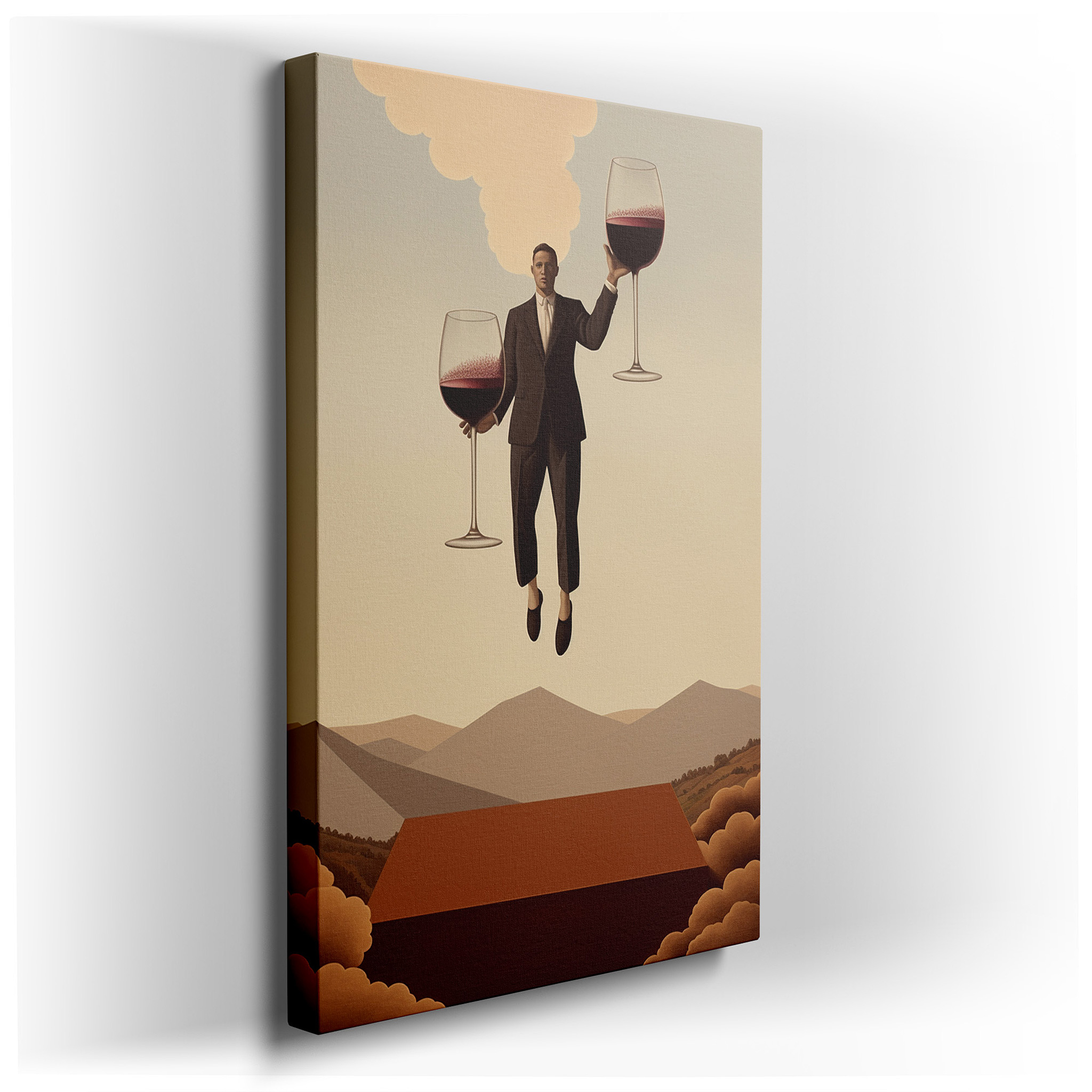Serene Man Balancing Wine Glasses Above Minimalist Landscape - Large Canvas Art for Office and Bedroom Decor wrapped