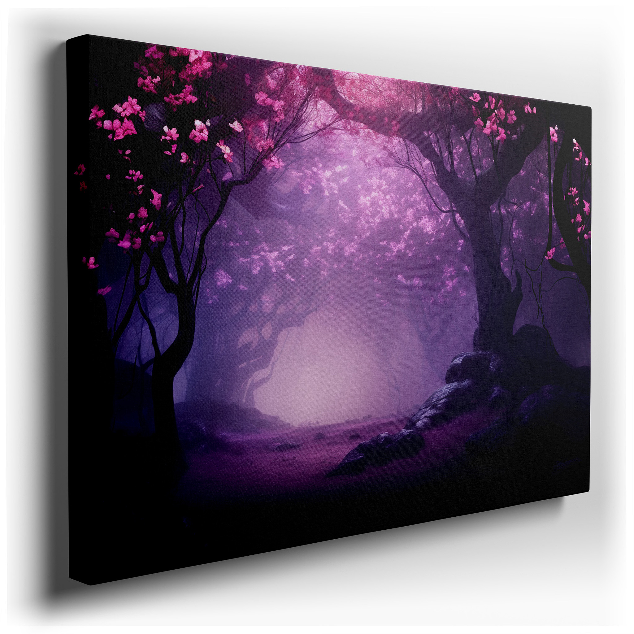 Serene Misty Forest and Blossoming Cherry Trees - Discover the Quiet Whispers of Nature with this Large Canvas Wall Art