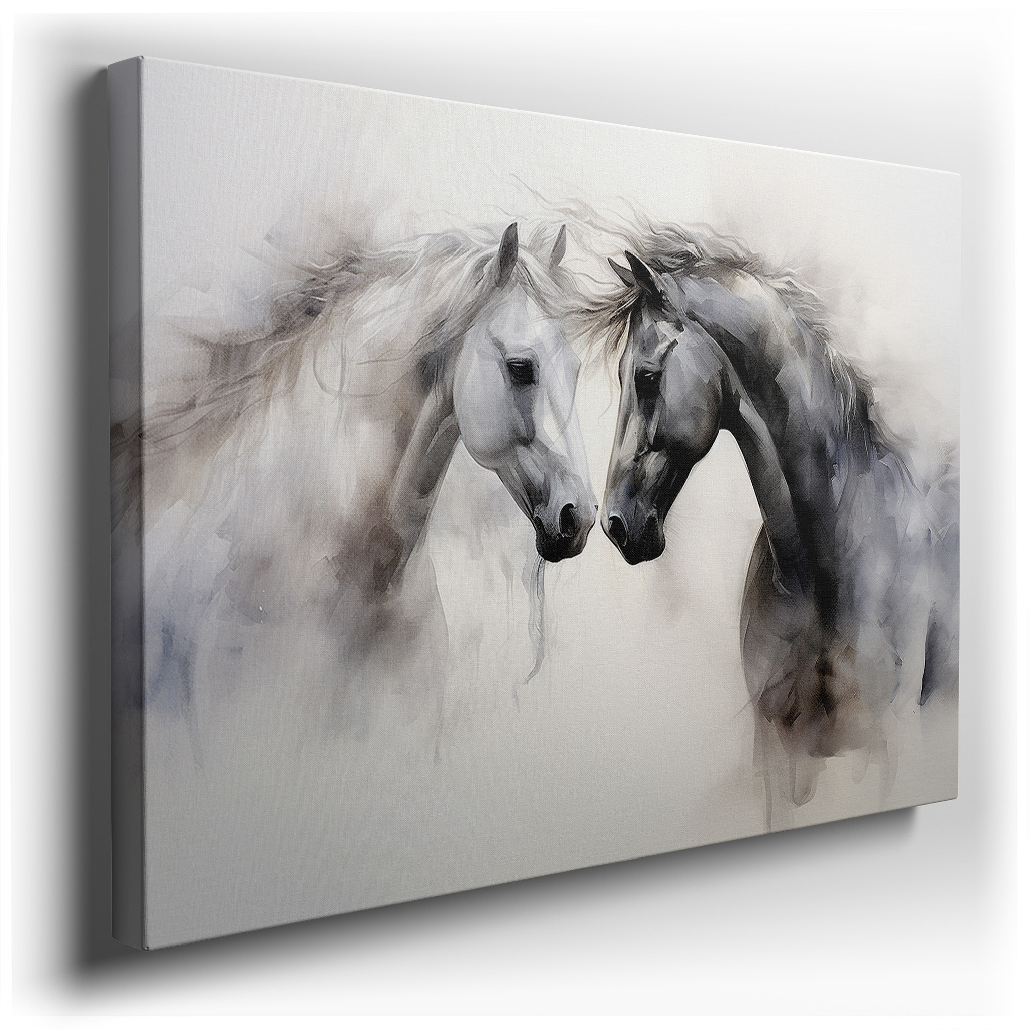 Serene Moments of Majestic Horses in Soft Abstract - Large Canvas Art Featuring Companionship and Serenity in Muted