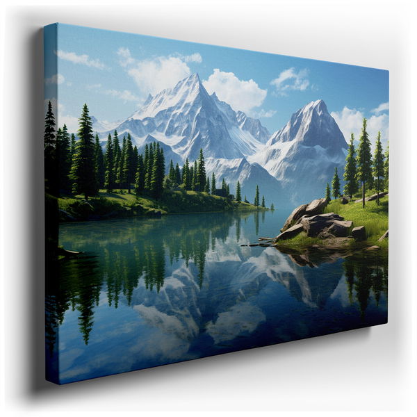 Serene Mountain and Lake Reflections - Tranquil Nature Canvas Wall Art