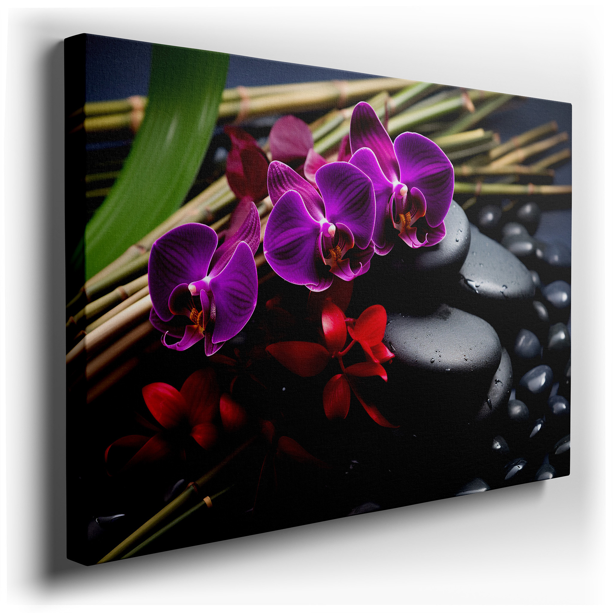 Serene Nature Scene Featuring Purple Orchids, Smooth Stones, and Slender Bamboo - Large Canvas Wall Art for Office