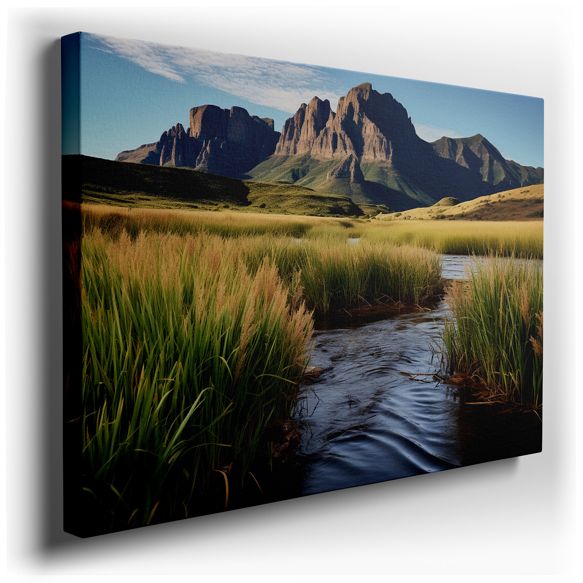 Serene Riverscape Featuring Grand Mountains and Verdant Grasslands - Large Canvas Wall Art for Office and Bedroom Decor