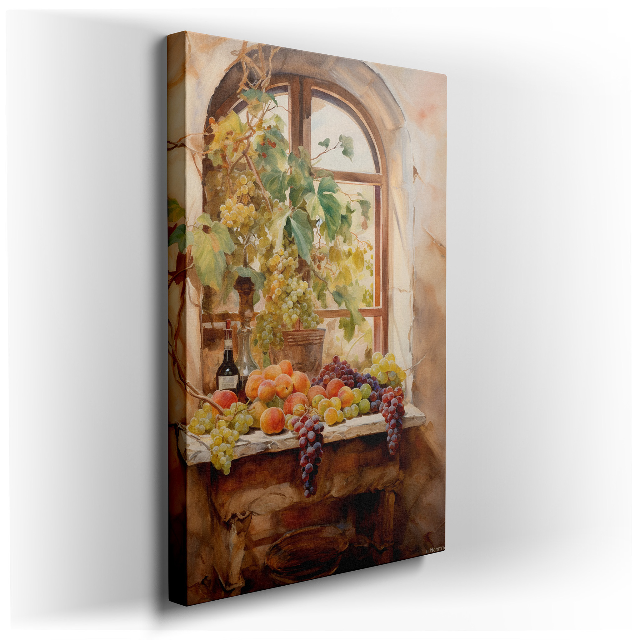 Serene Scene with Grapes, Peaches, and Wine by a Rustic Window - Large Canvas Wall Art for Office and Bedroom Decor