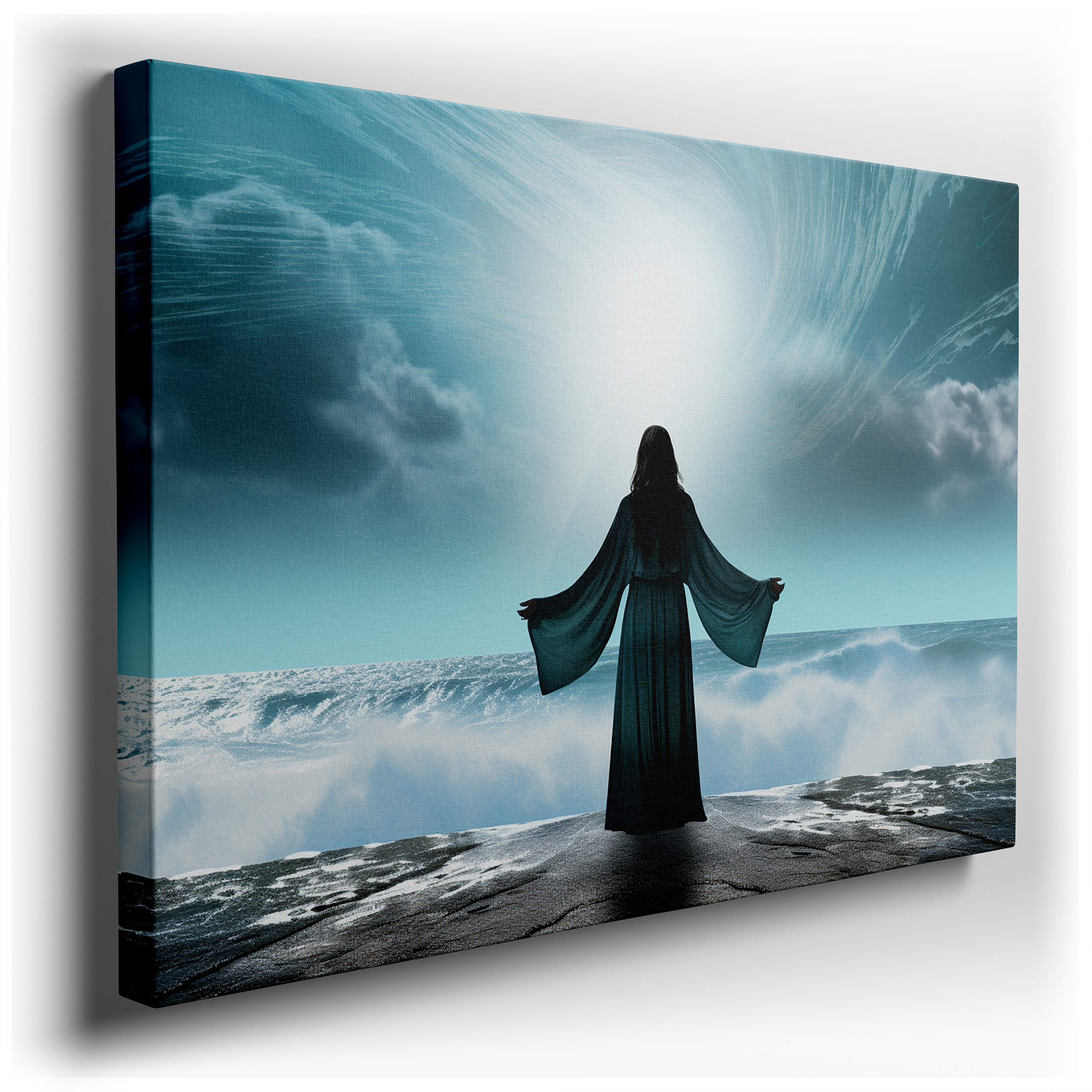 Serene Seascape with Figure on Cliff - Embrace Nature's Grandeur and Peacefulness. Ideal for Home or Office Decor,