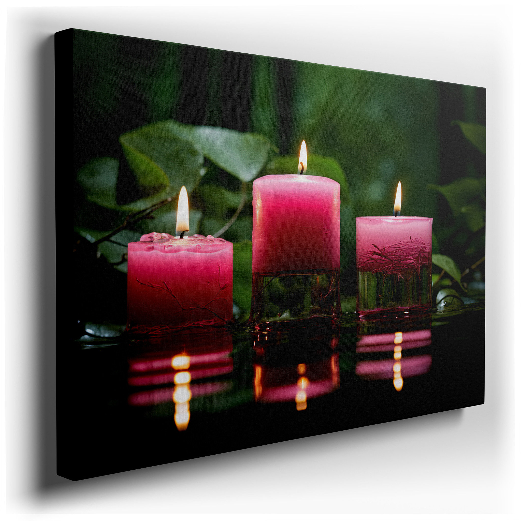 Serene Set of Three Pink Candles with a Vibrant Green Background - Large Canvas Wall Art for Office, Bedroom, and