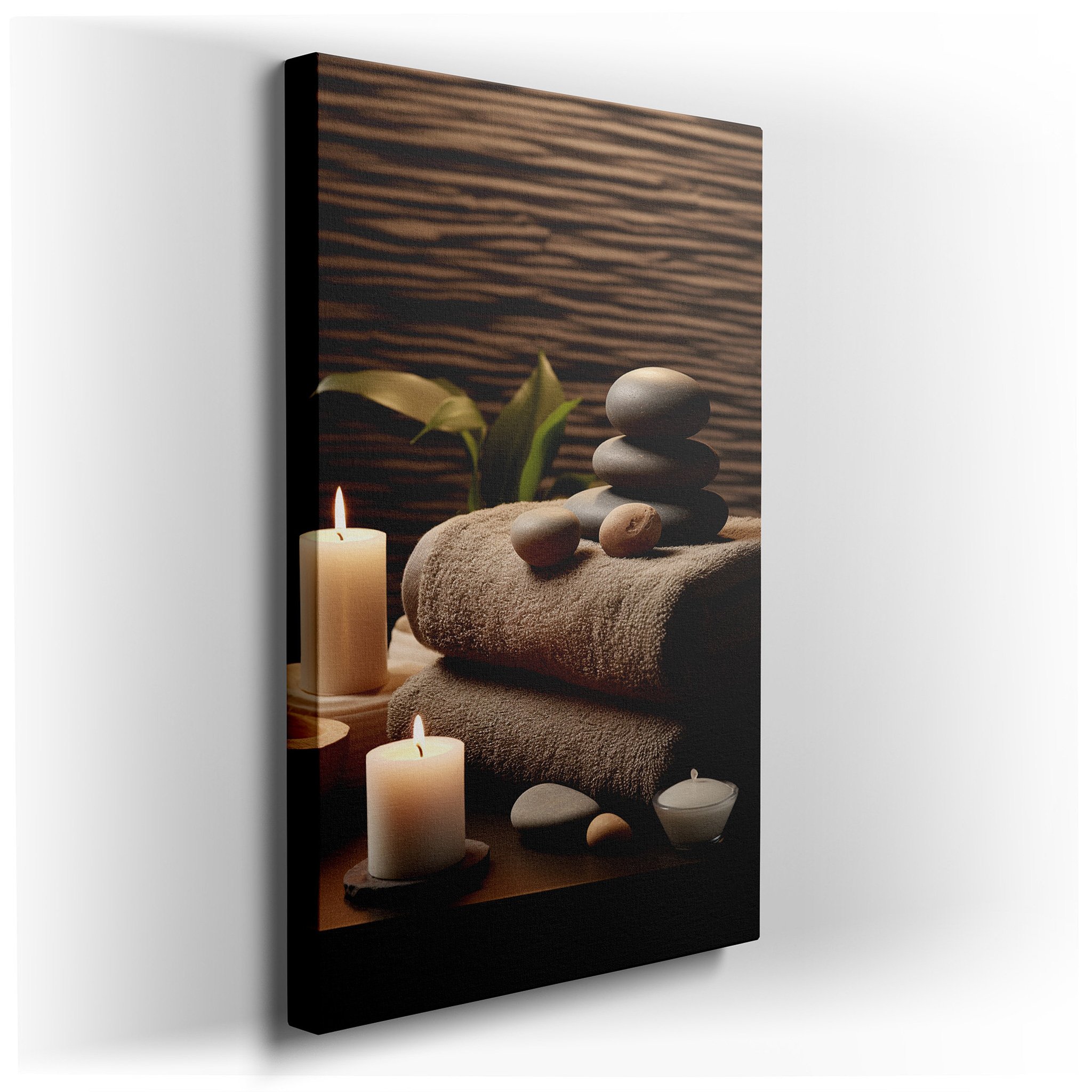 Serene Spa Oasis Featuring Soft Towels, Smooth Stones, and Gentle Candlelight for Relaxation - Large Canvas Wall Art