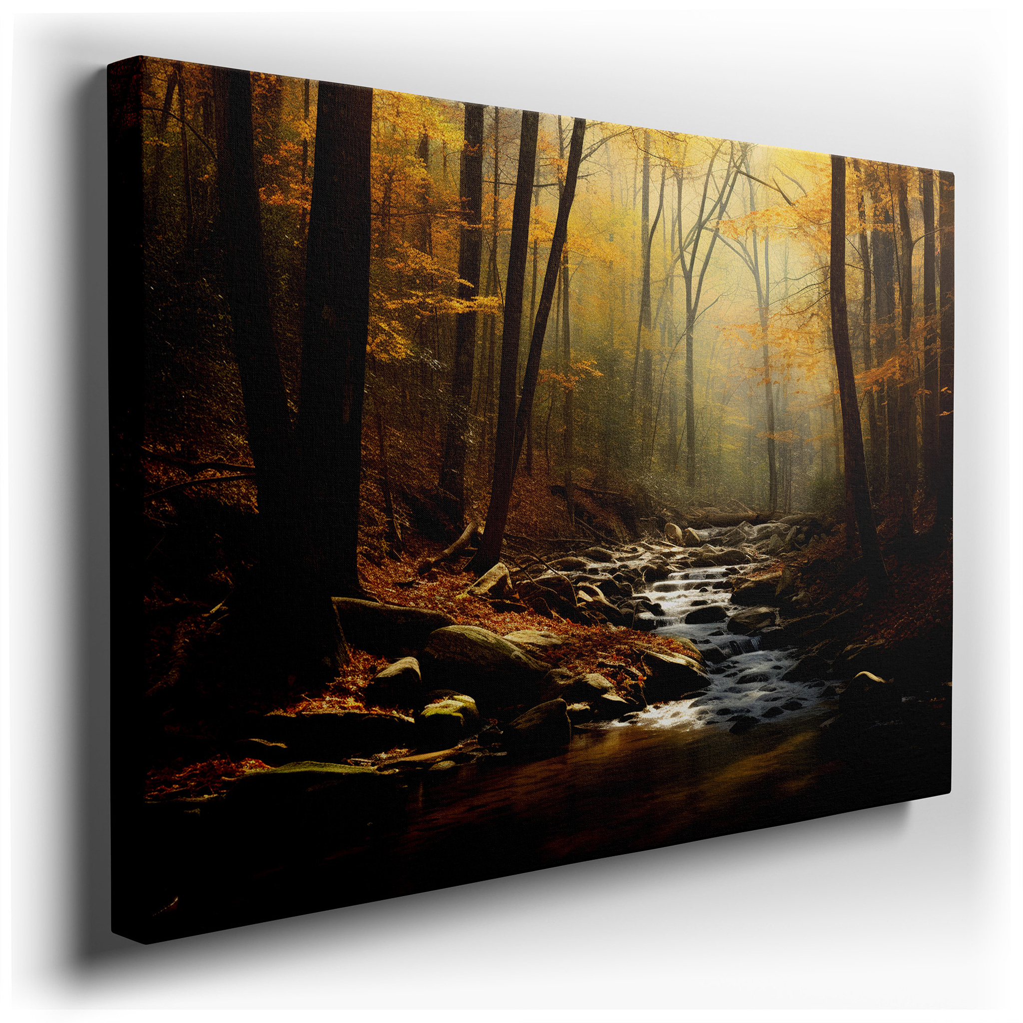 Serene Stream Amidst Autumn's Vibrant Canopy - A Peaceful Retreat for Reflection, Large Canvas Wall Art for Home and