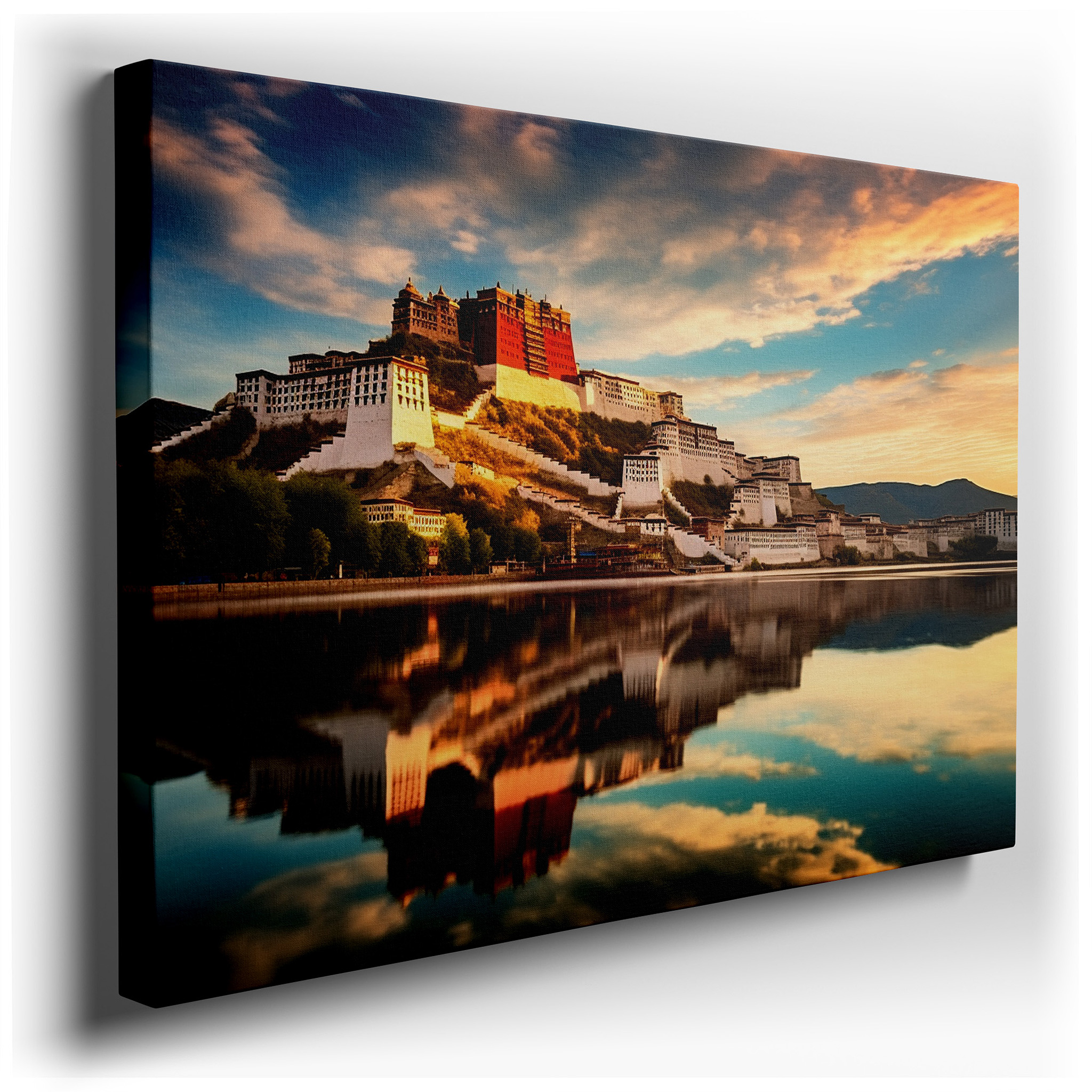 Serene Sunset at Potala Palace Over Lhasa Waters - Large Canvas for Home and Office Decor, Perfect for Living Room and